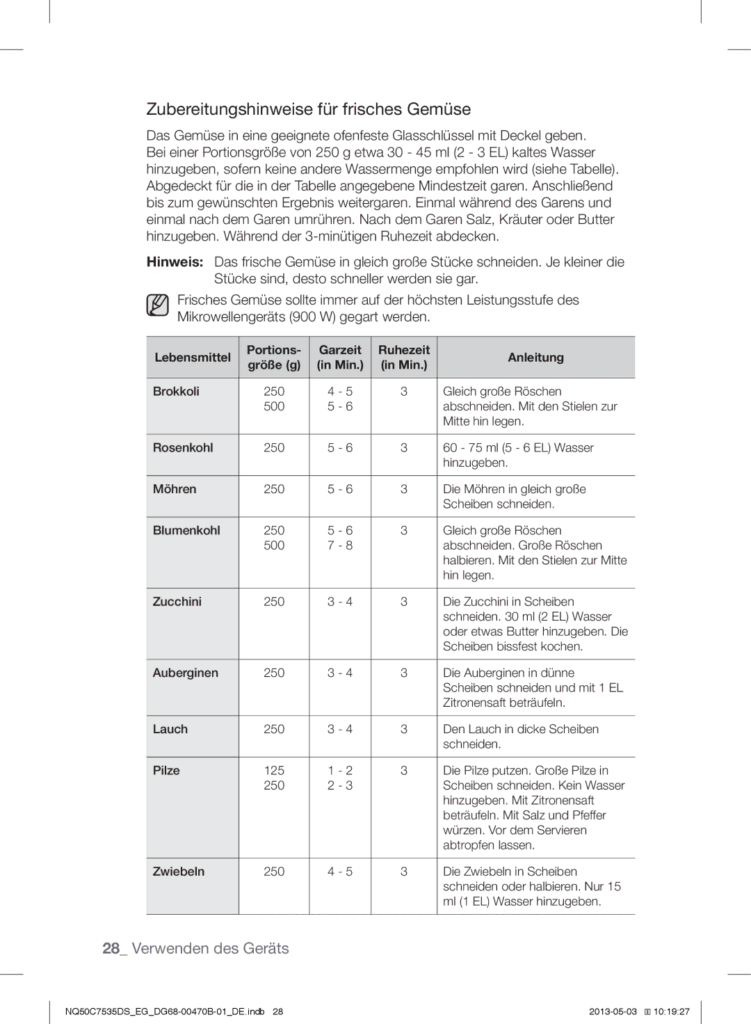 Samsung NQ50C7535DS/EG manual Zubereitungshinweise für frisches Gemüse, Portions Garzeit Ruhezeit Anleitung 