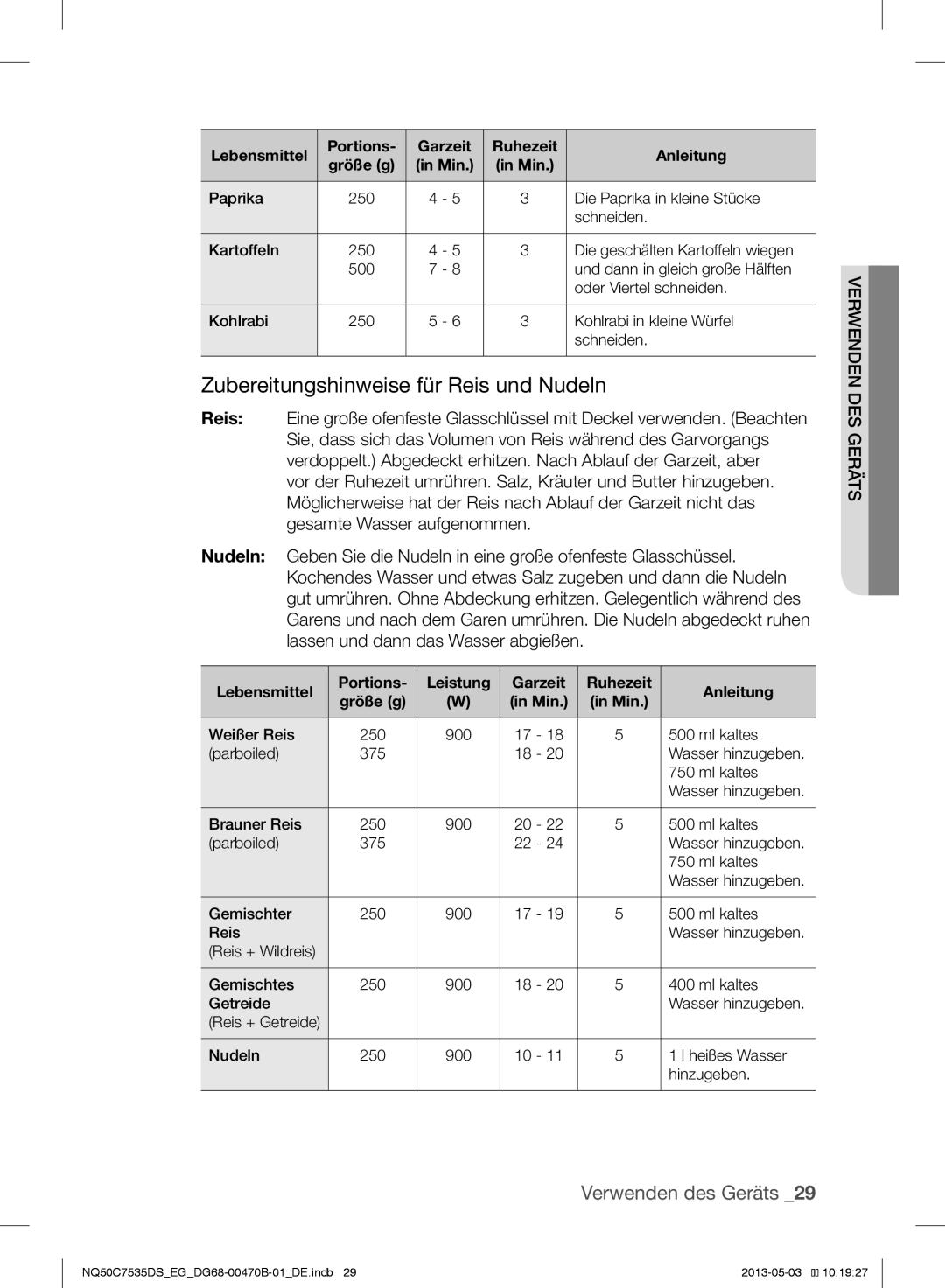 Samsung NQ50C7535DS/EG manual Zubereitungshinweise für Reis und Nudeln 