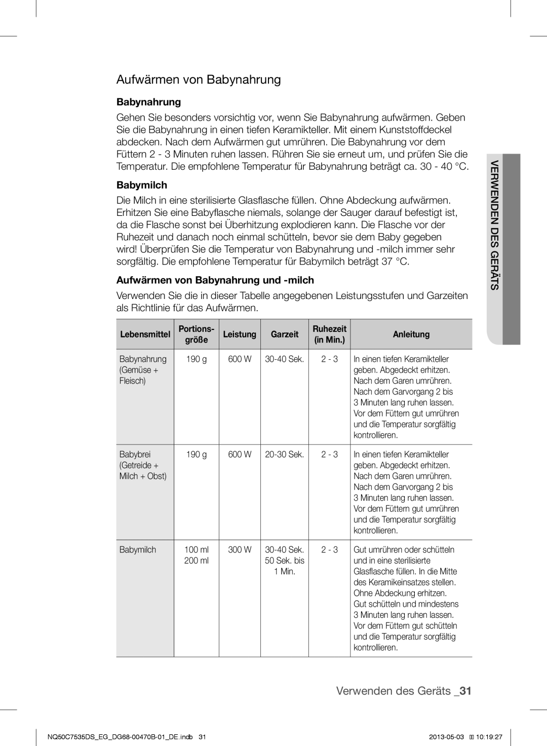 Samsung NQ50C7535DS/EG manual Babymilch, Aufwärmen von Babynahrung und -milch 