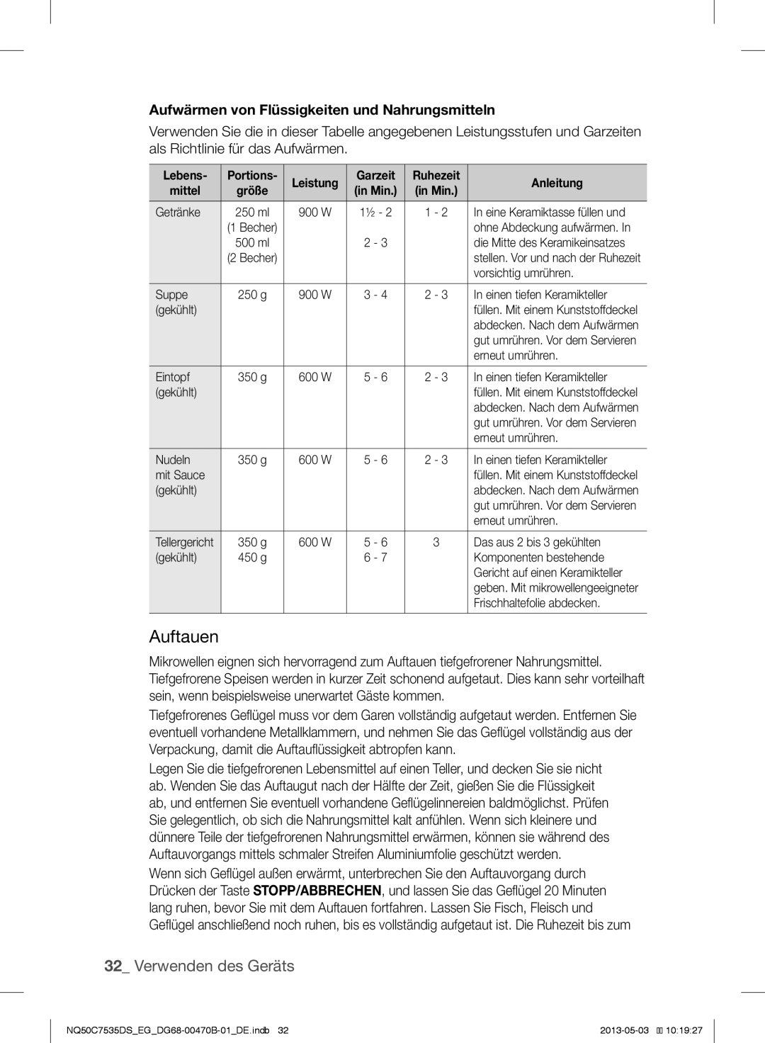 Samsung NQ50C7535DS/EG manual Auftauen, Aufwärmen von Flüssigkeiten und Nahrungsmitteln, Lebens, Mittel 