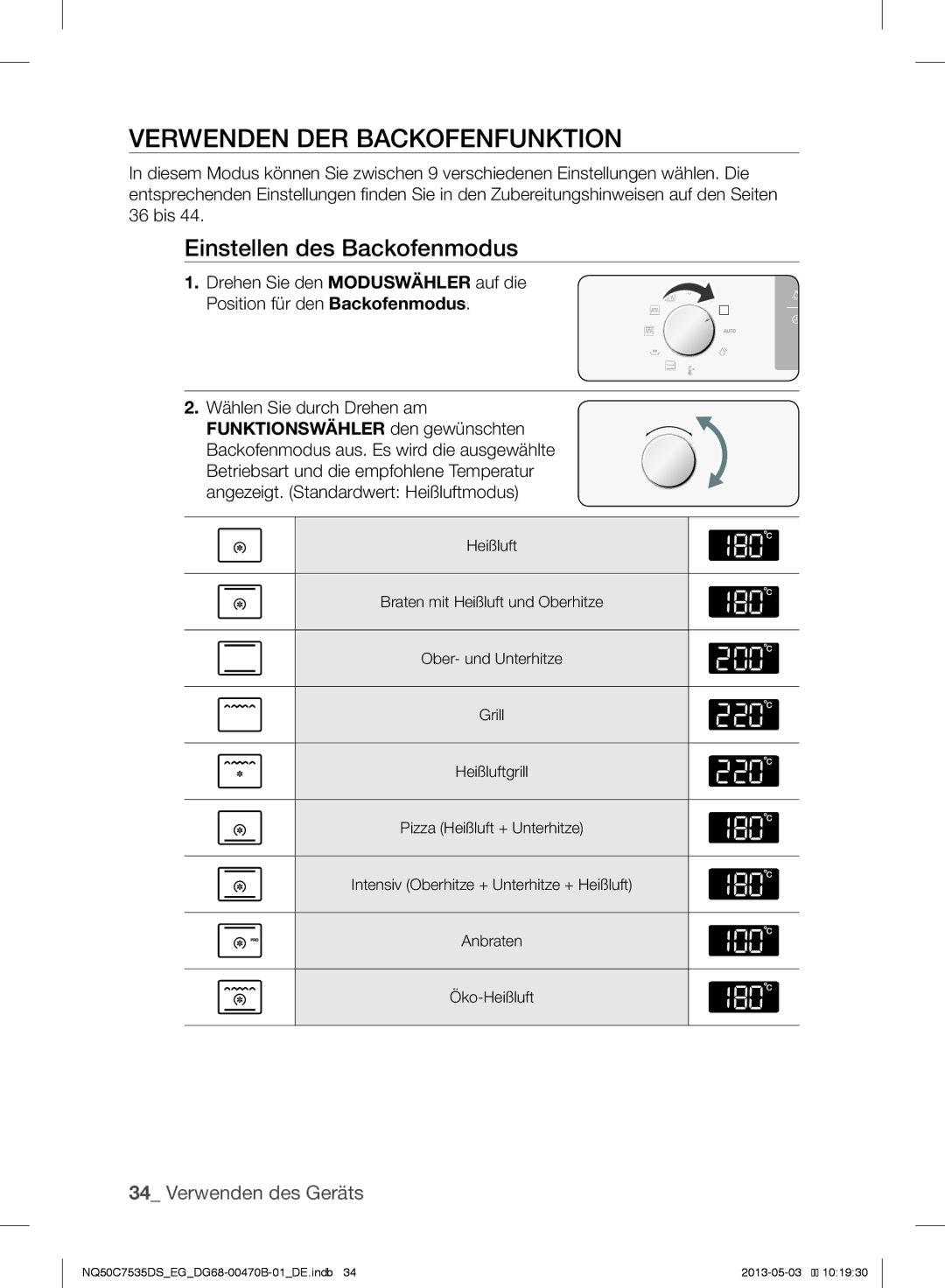 Samsung NQ50C7535DS/EG manual Verwenden DER Backofenfunktion, Einstellen des Backofenmodus 