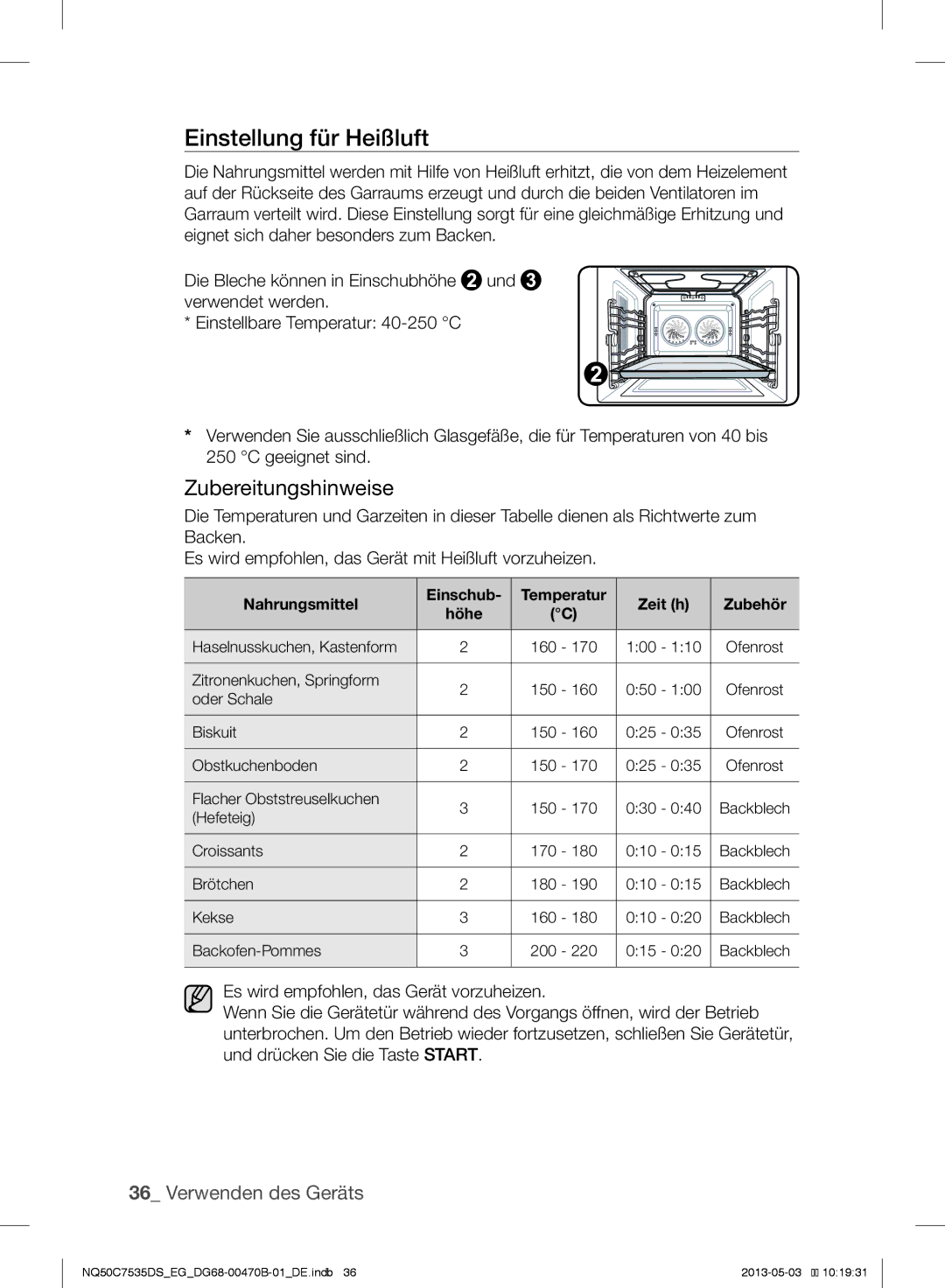 Samsung NQ50C7535DS/EG manual Einstellung für Heißluft, Zubereitungshinweise, Nahrungsmittel Einschub, Zeit h Zubehör 