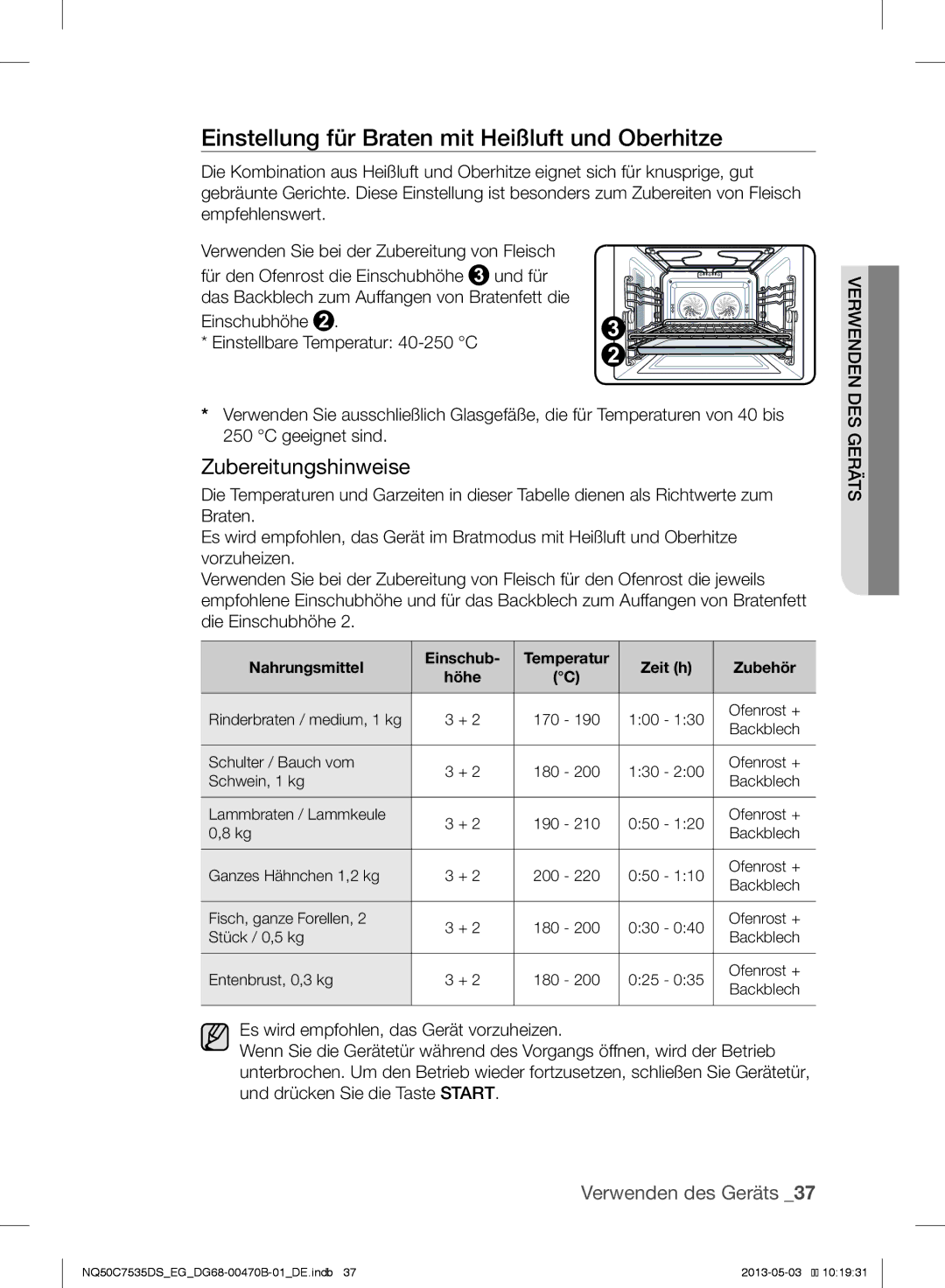 Samsung NQ50C7535DS/EG manual Einstellung für Braten mit Heißluft und Oberhitze 