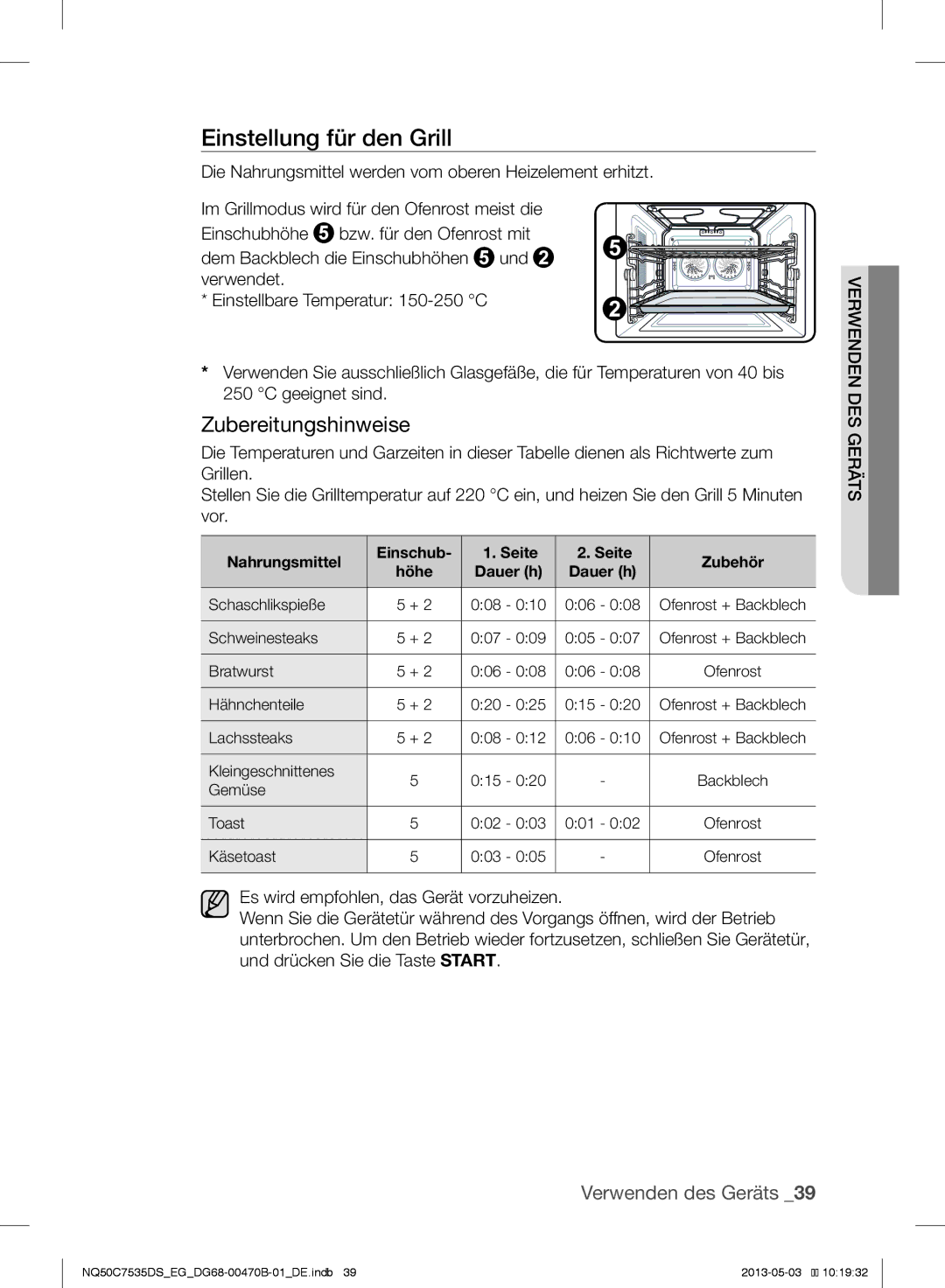 Samsung NQ50C7535DS/EG manual Einstellung für den Grill, Nahrungsmittel Einschub Seite Zubehör 