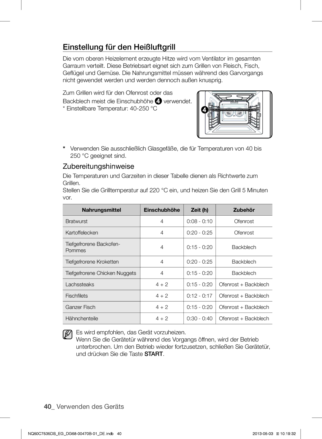 Samsung NQ50C7535DS/EG manual Einstellung für den Heißluftgrill, Nahrungsmittel Einschubhöhe Zeit h Zubehör 