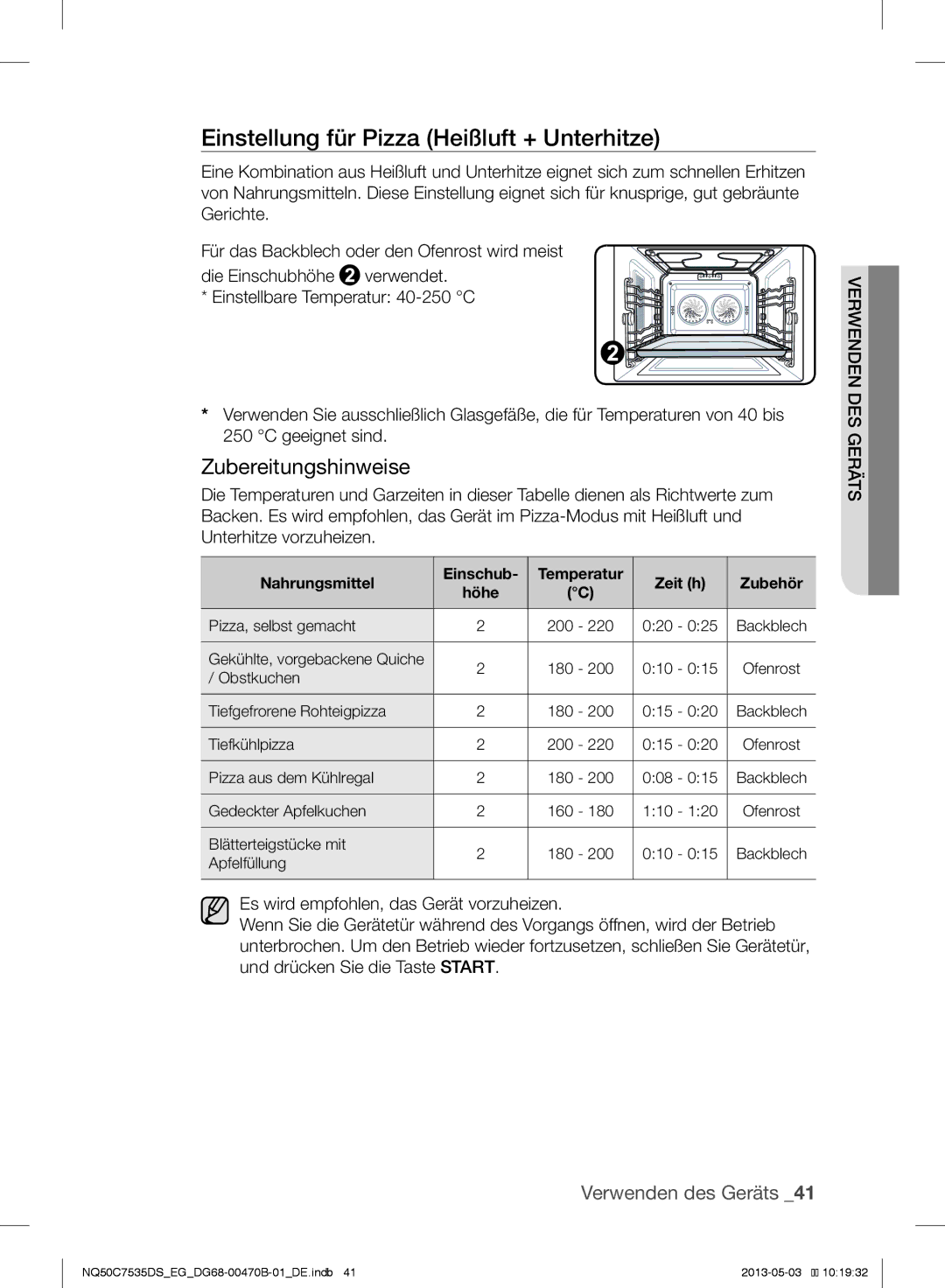 Samsung NQ50C7535DS/EG manual Einstellung für Pizza Heißluft + Unterhitze 