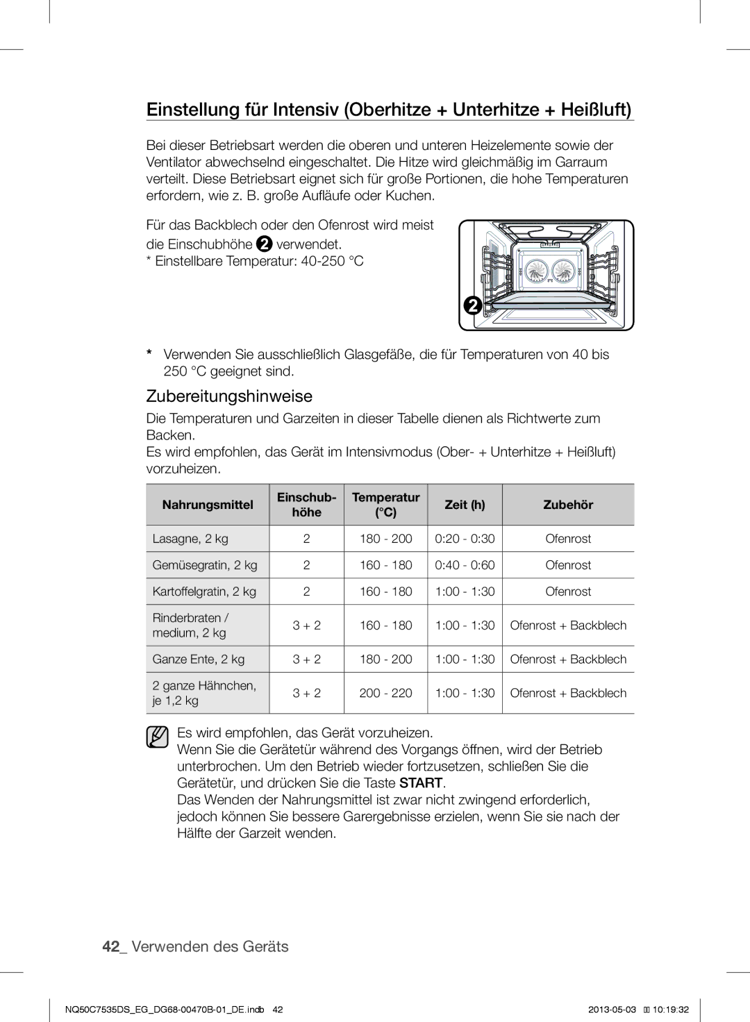 Samsung NQ50C7535DS/EG manual Einstellung für Intensiv Oberhitze + Unterhitze + Heißluft 