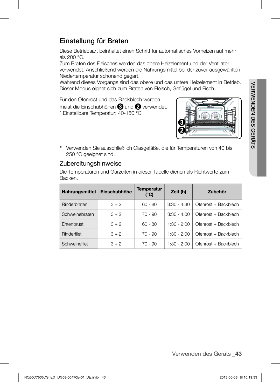 Samsung NQ50C7535DS/EG manual Einstellung für Braten 