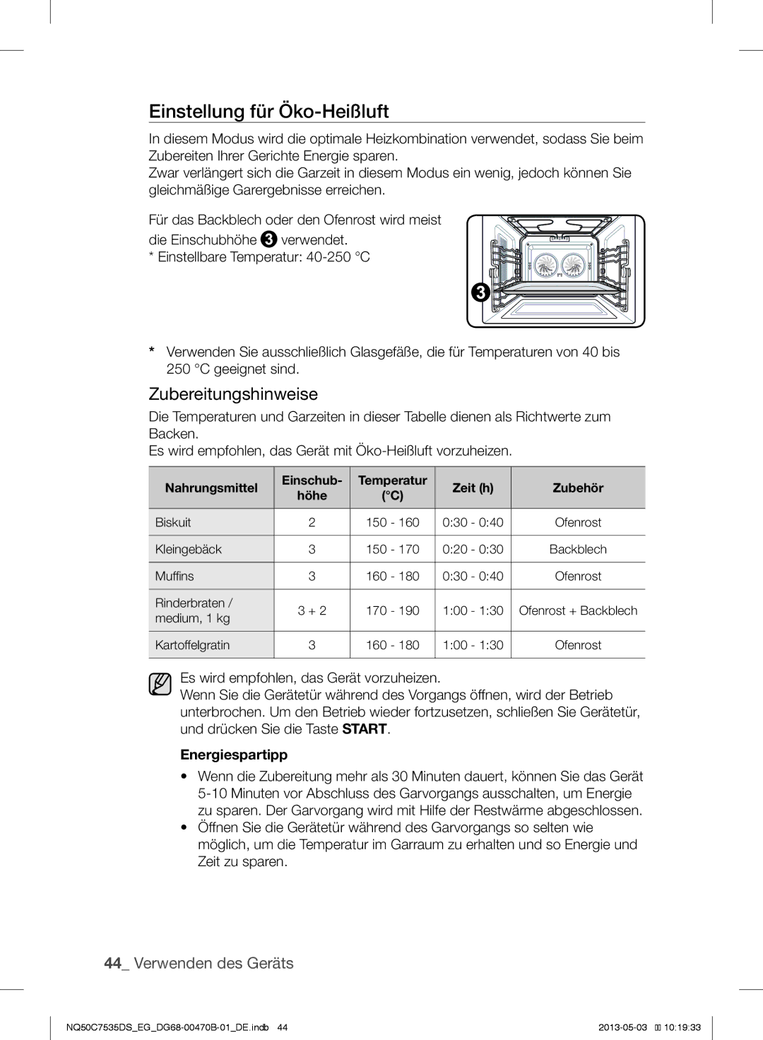 Samsung NQ50C7535DS/EG manual Einstellung für Öko-Heißluft, Energiespartipp 