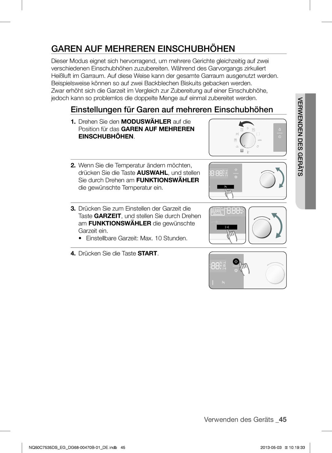 Samsung NQ50C7535DS/EG manual Garen AUF Mehreren Einschubhöhen, Einstellungen für Garen auf mehreren Einschubhöhen 