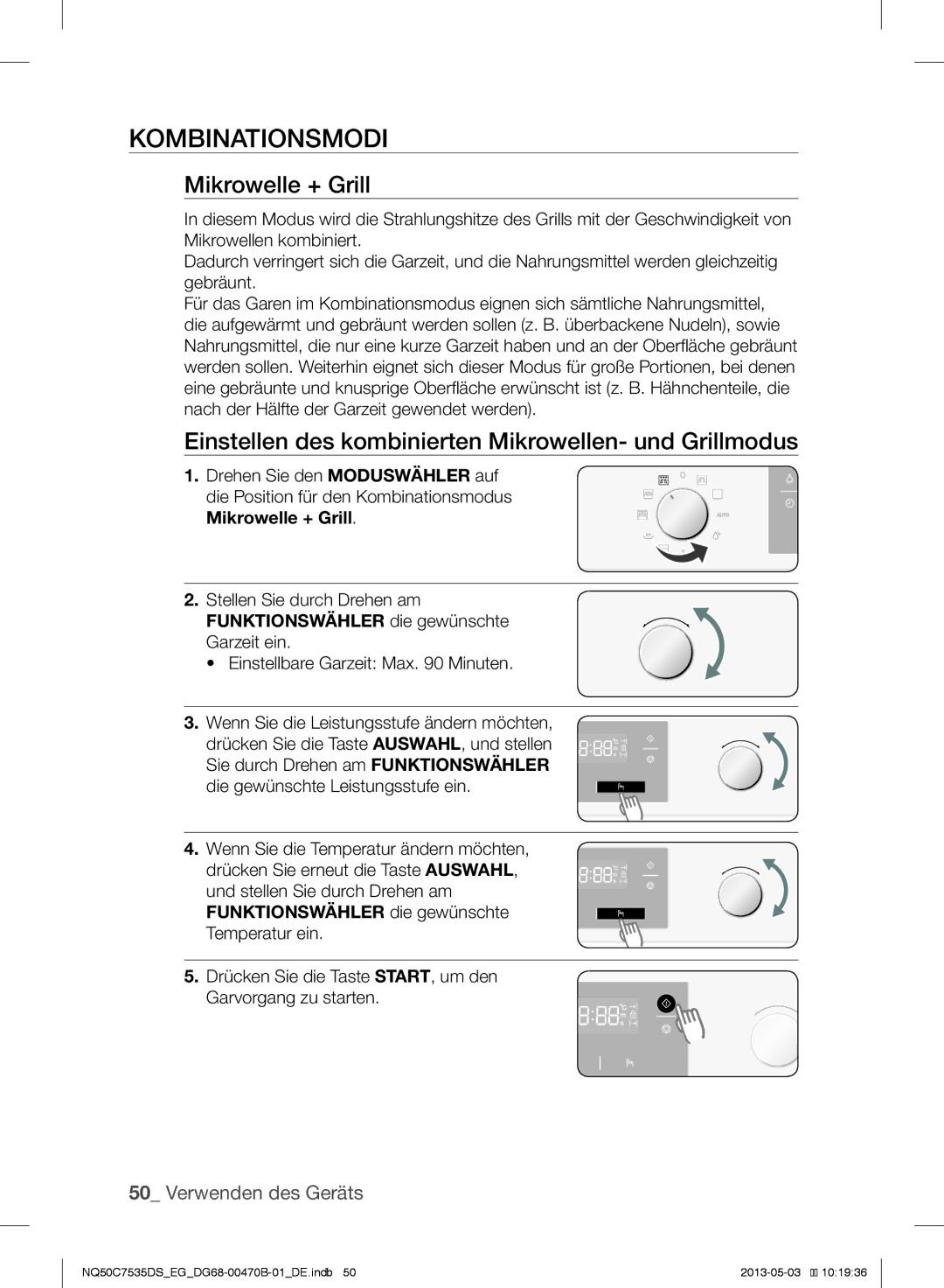 Samsung NQ50C7535DS/EG manual Kombinationsmodi, Mikrowelle + Grill, Einstellen des kombinierten Mikrowellen- und Grillmodus 