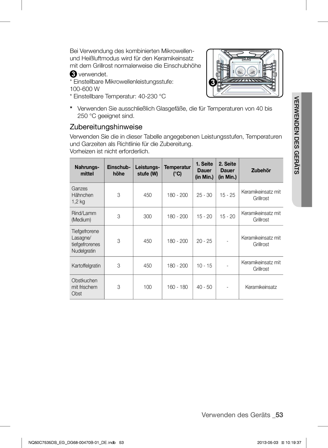 Samsung NQ50C7535DS/EG manual Hähnchen, Rind/Lamm, Medium, Nudelgratin, Obstkuchen Mit frischem 