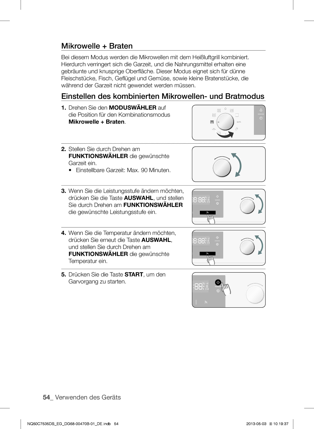 Samsung NQ50C7535DS/EG manual Mikrowelle + Braten, Einstellen des kombinierten Mikrowellen- und Bratmodus 