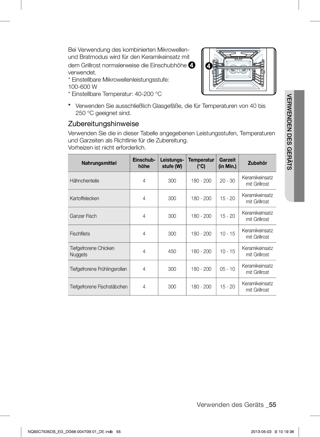 Samsung NQ50C7535DS/EG manual Nahrungsmittel, Garzeit Zubehör, Kartoffelecken, Tiefgefrorene Chicken, Nuggets 