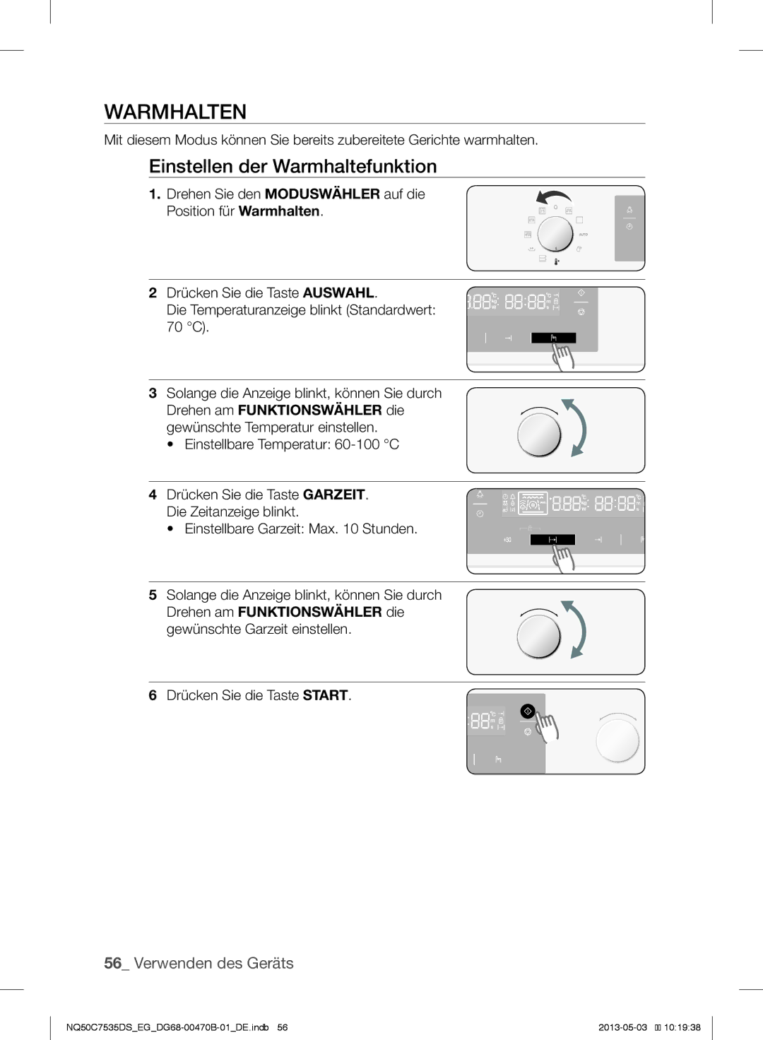 Samsung NQ50C7535DS/EG manual Warmhalten, Einstellen der Warmhaltefunktion 