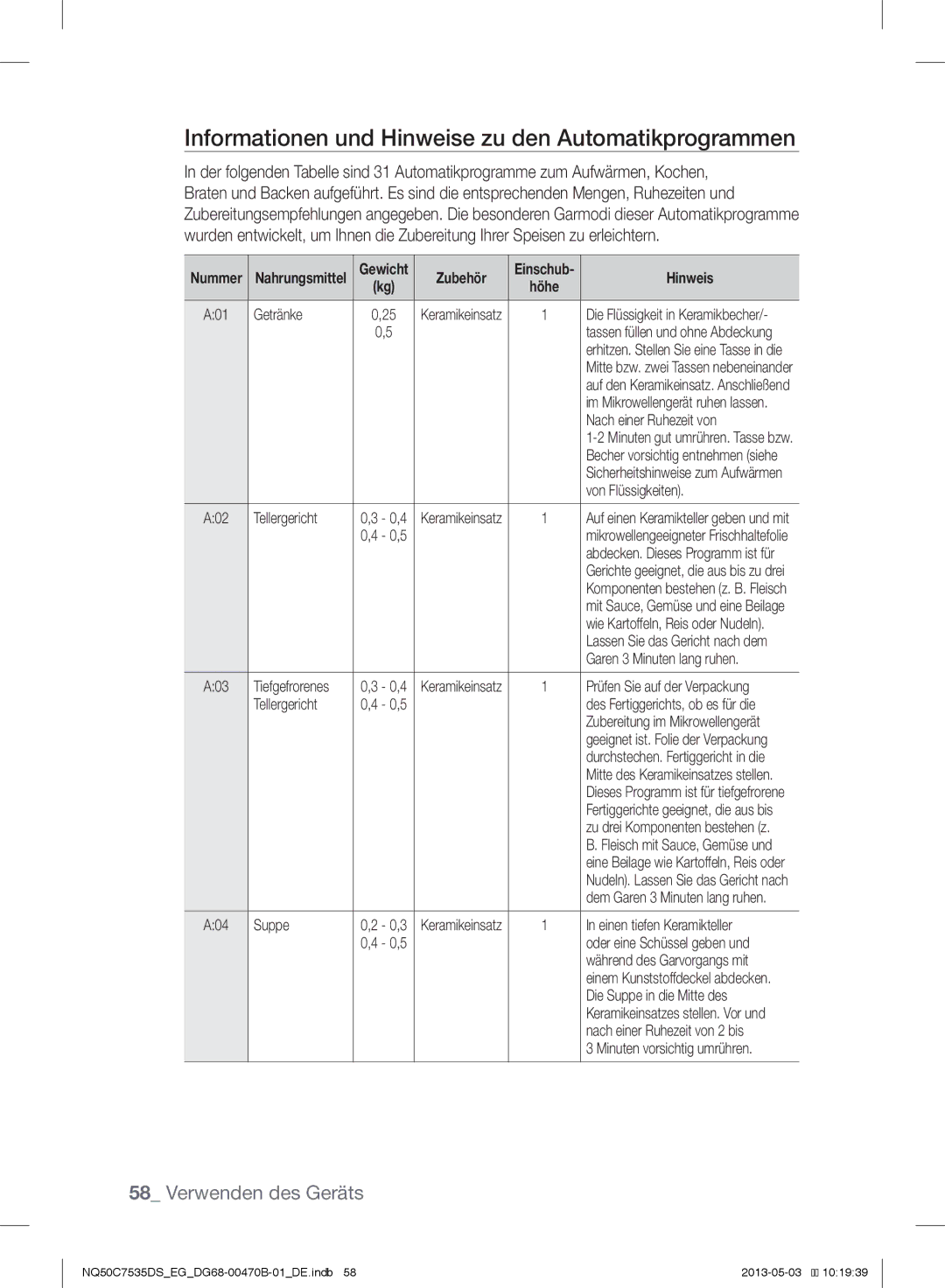 Samsung NQ50C7535DS/EG manual Informationen und Hinweise zu den Automatikprogrammen 