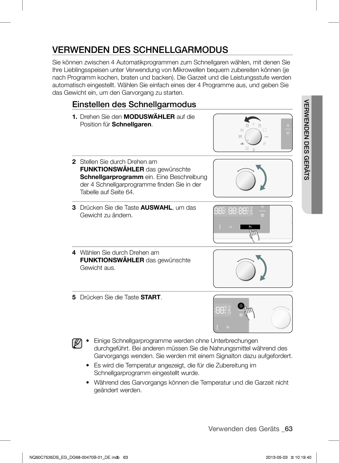 Samsung NQ50C7535DS/EG manual Verwenden DES Schnellgarmodus, Einstellen des Schnellgarmodus 