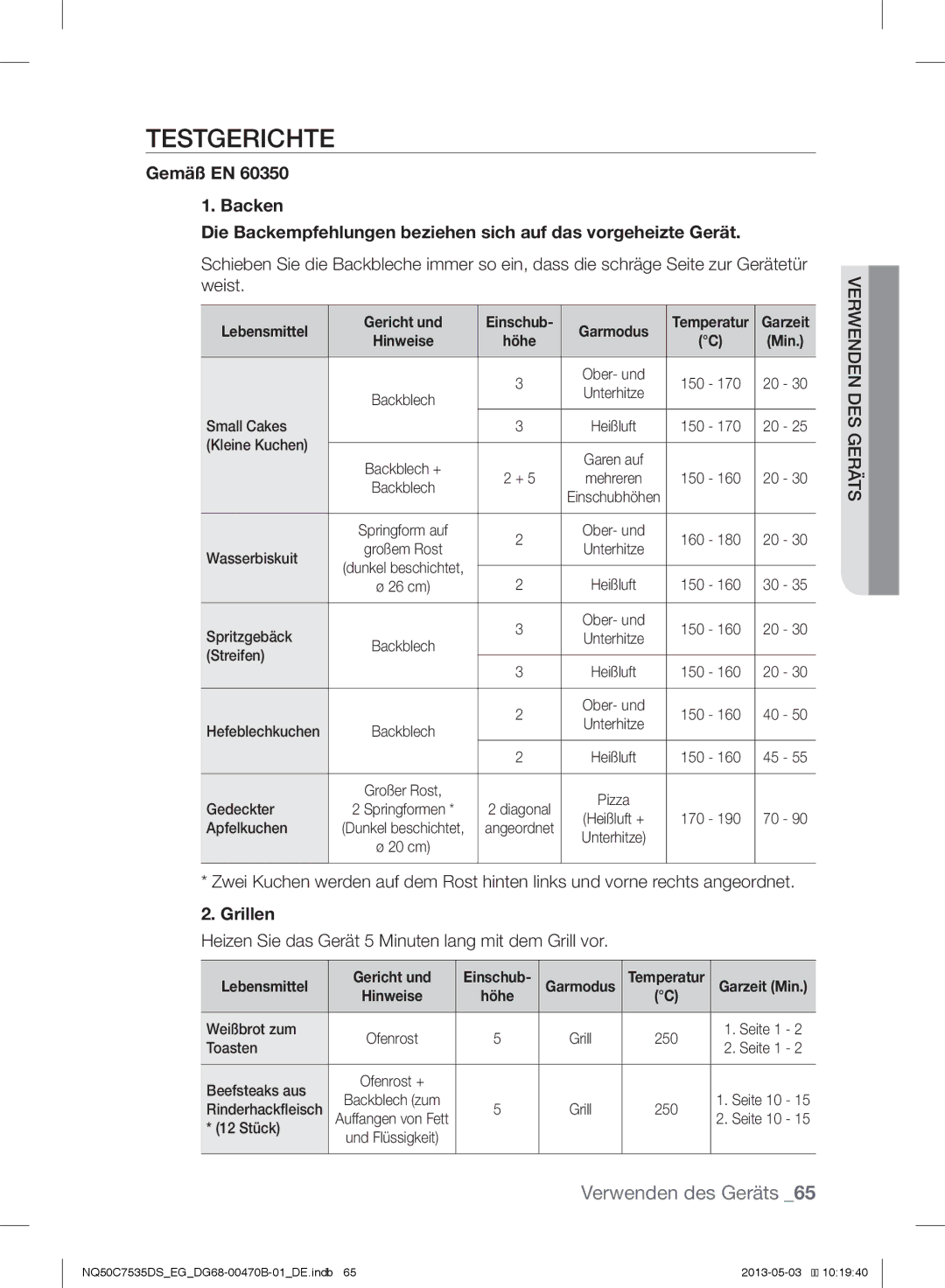 Samsung NQ50C7535DS/EG manual Testgerichte, Grillen, Gericht und, Garmodus 