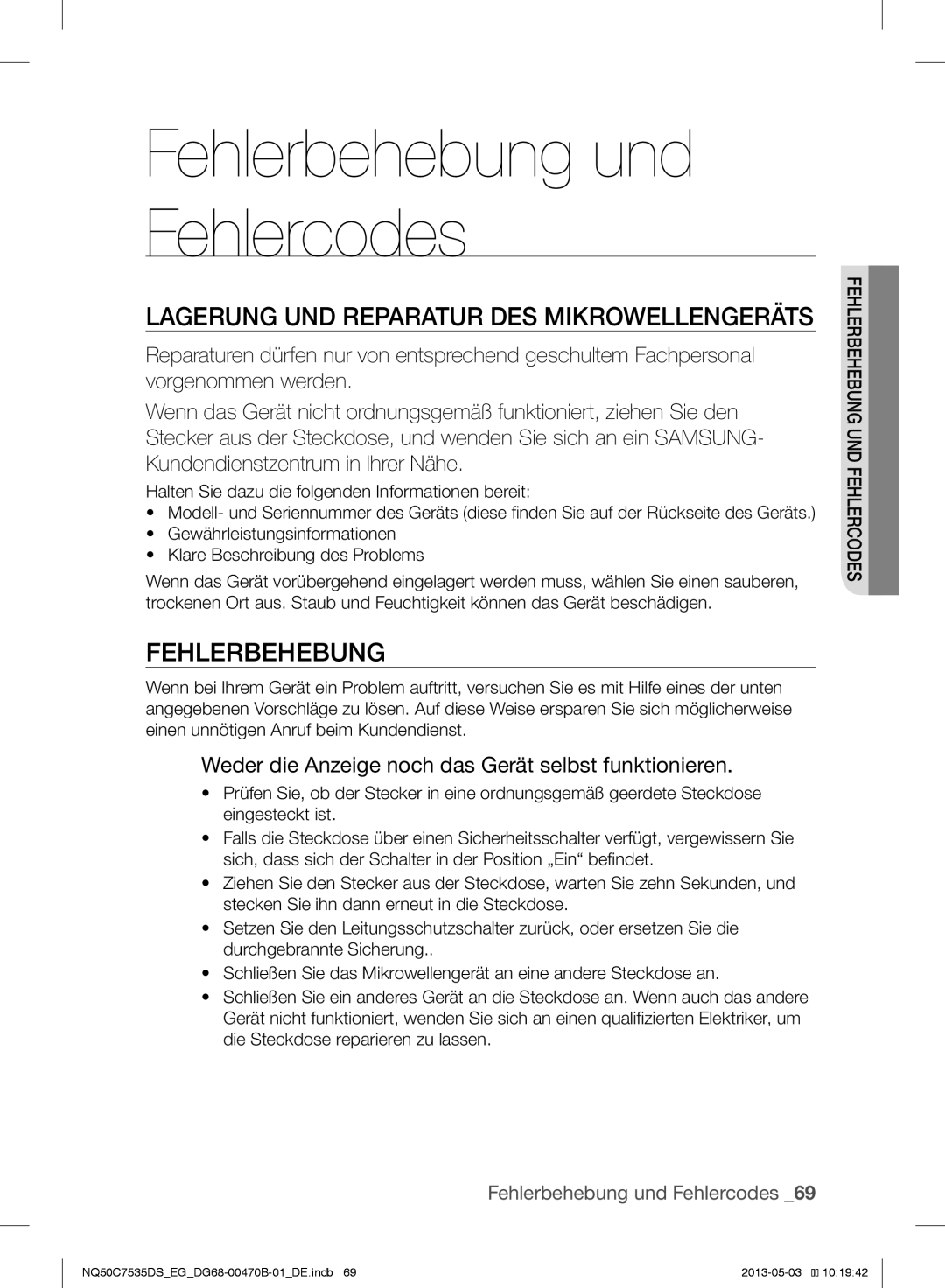 Samsung NQ50C7535DS/EG manual Lagerung UND Reparatur DES Mikrowellengeräts, Fehlerbehebung 