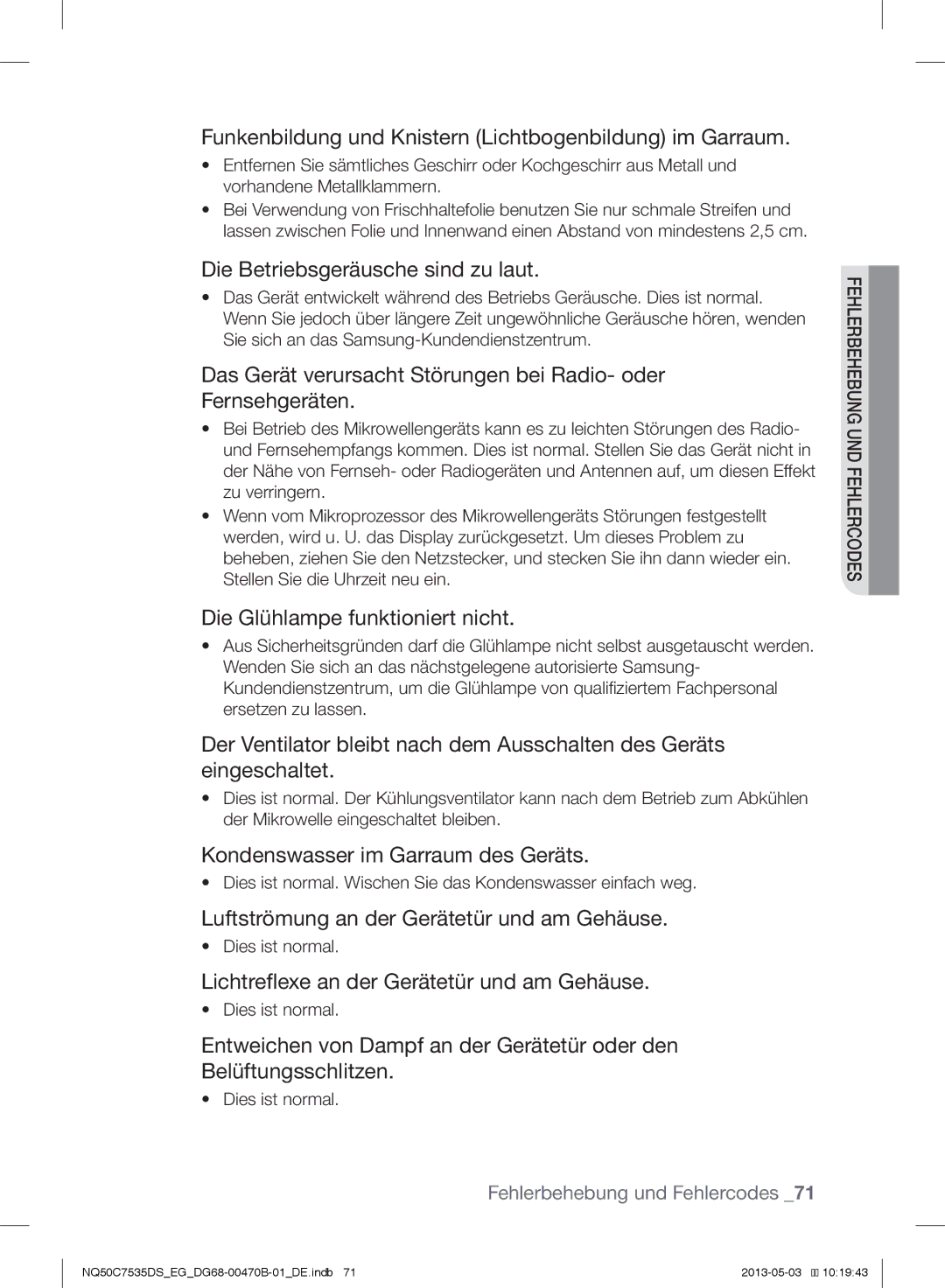 Samsung NQ50C7535DS/EG manual Funkenbildung und Knistern Lichtbogenbildung im Garraum, Die Betriebsgeräusche sind zu laut 