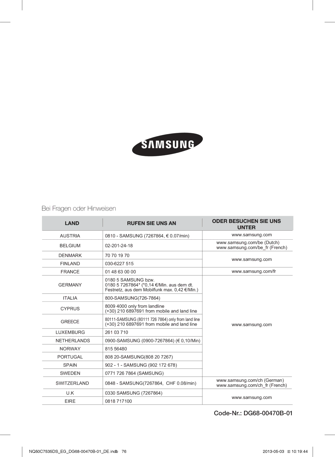 Samsung NQ50C7535DS/EG manual Bei Fragen oder Hinweisen, Code-Nr. DG68-00470B-01 