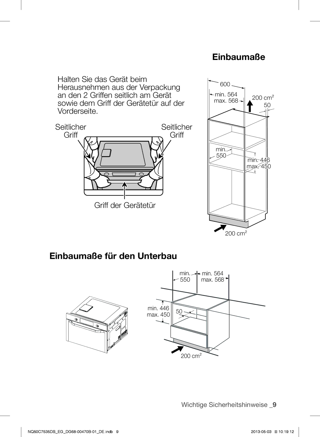 Samsung NQ50C7535DS/EG manual Griff der Gerätetür, Seitlicher Griff, 200 cm², Min, Max 