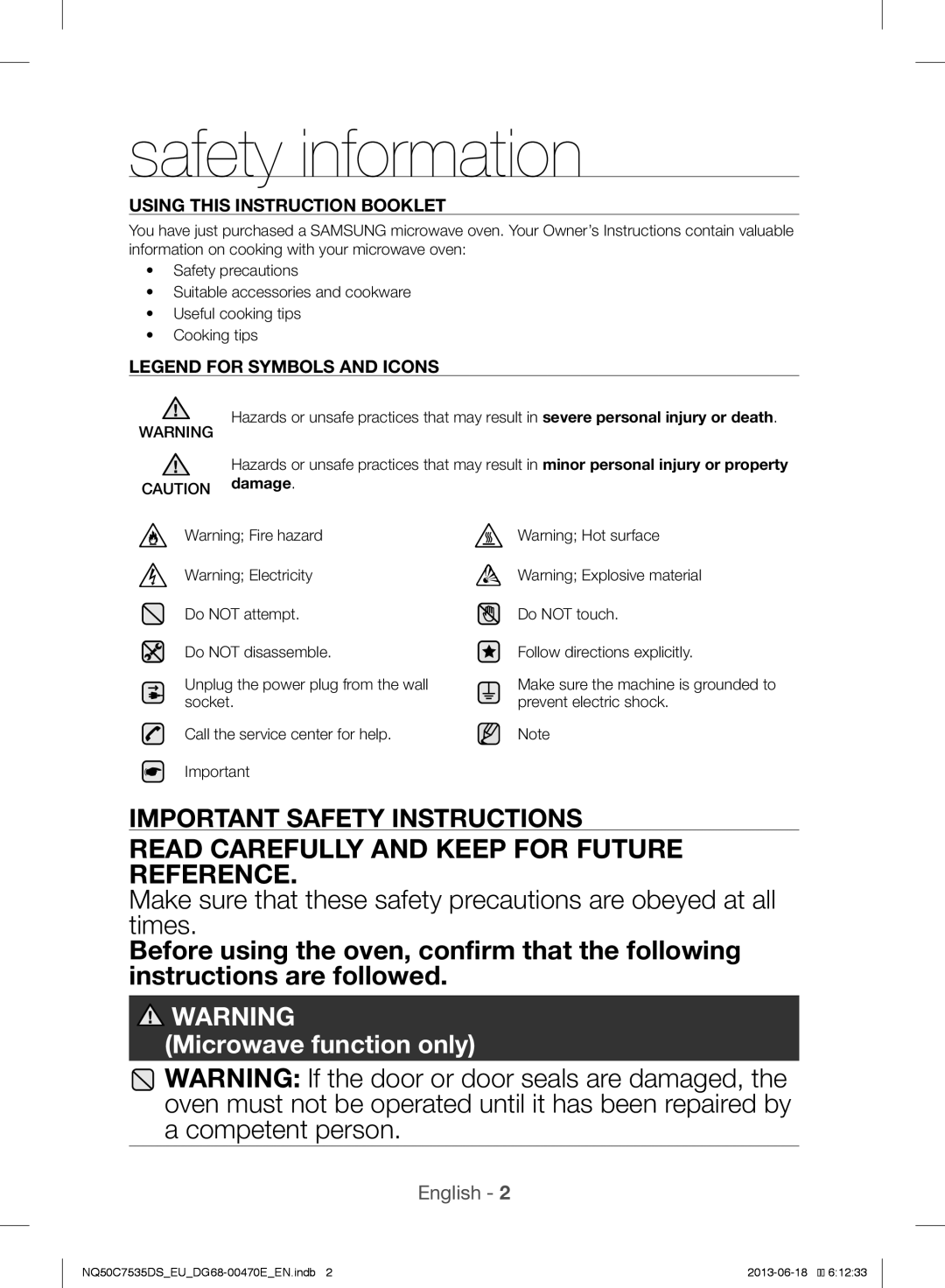 Samsung NQ50C7535DS/EU manual Safety information 
