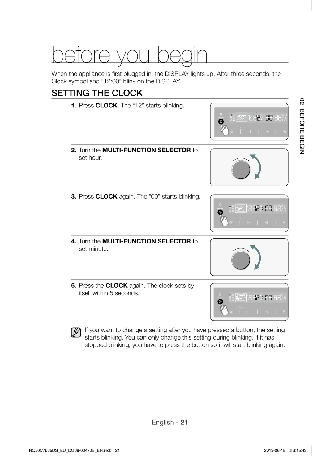 Samsung NQ50C7535DS/EU manual Setting the Clock, Turn the MULTI-FUNCTION Selector to 