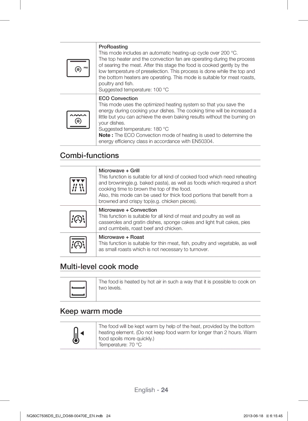 Samsung NQ50C7535DS/EU manual Combi-functions, Multi-level cook mode, Keep warm mode 