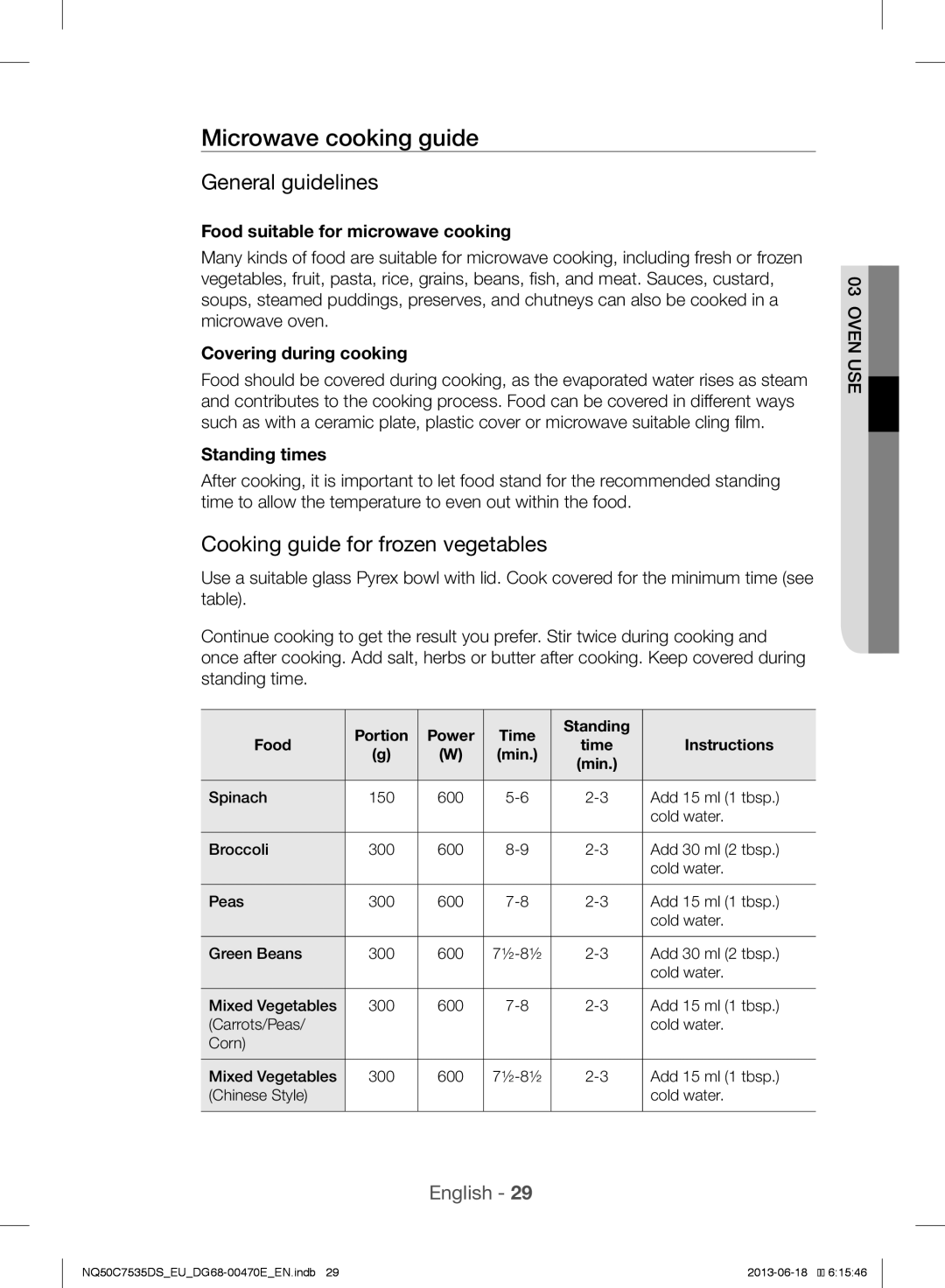 Samsung NQ50C7535DS/EU manual Microwave cooking guide, General guidelines, Cooking guide for frozen vegetables 