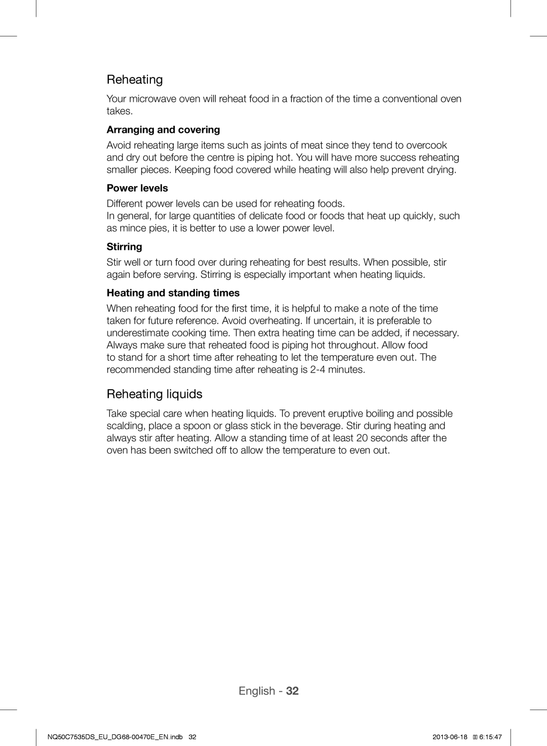 Samsung NQ50C7535DS/EU manual Reheating liquids 