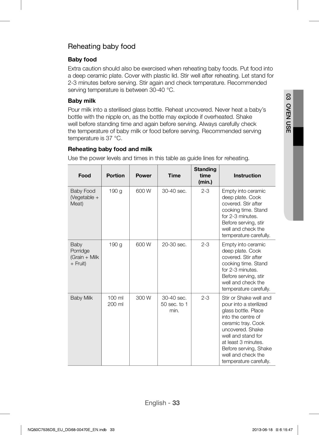 Samsung NQ50C7535DS/EU manual Baby food, Baby milk, Reheating baby food and milk 