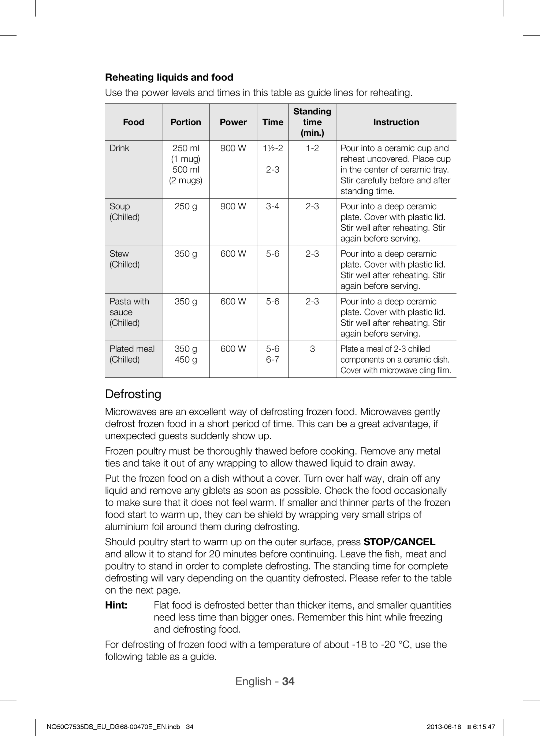 Samsung NQ50C7535DS/EU manual Defrosting, Reheating liquids and food, Power Time 