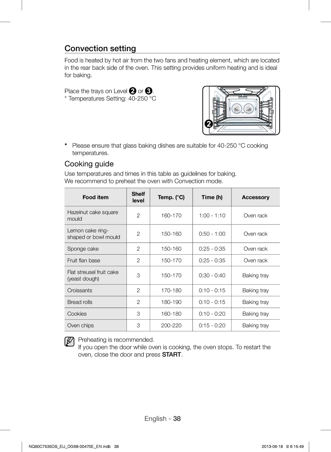 Samsung NQ50C7535DS/EU manual Convection setting, Cooking guide, Food item Shelf Temp. C Time h Accessory 