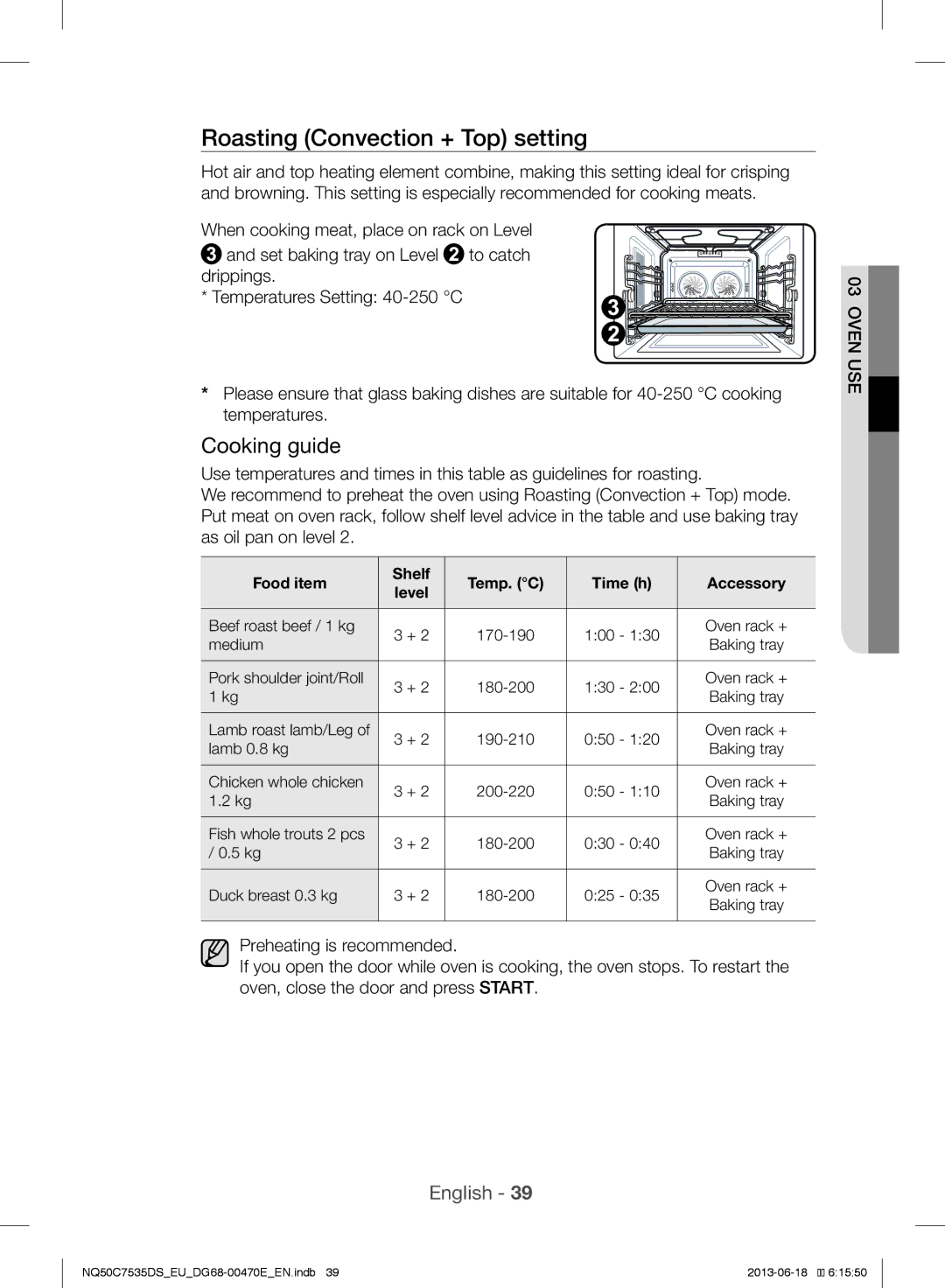 Samsung NQ50C7535DS/EU manual Roasting Convection + Top setting, Food item Shelf Temp. C Time h Accessory Level 