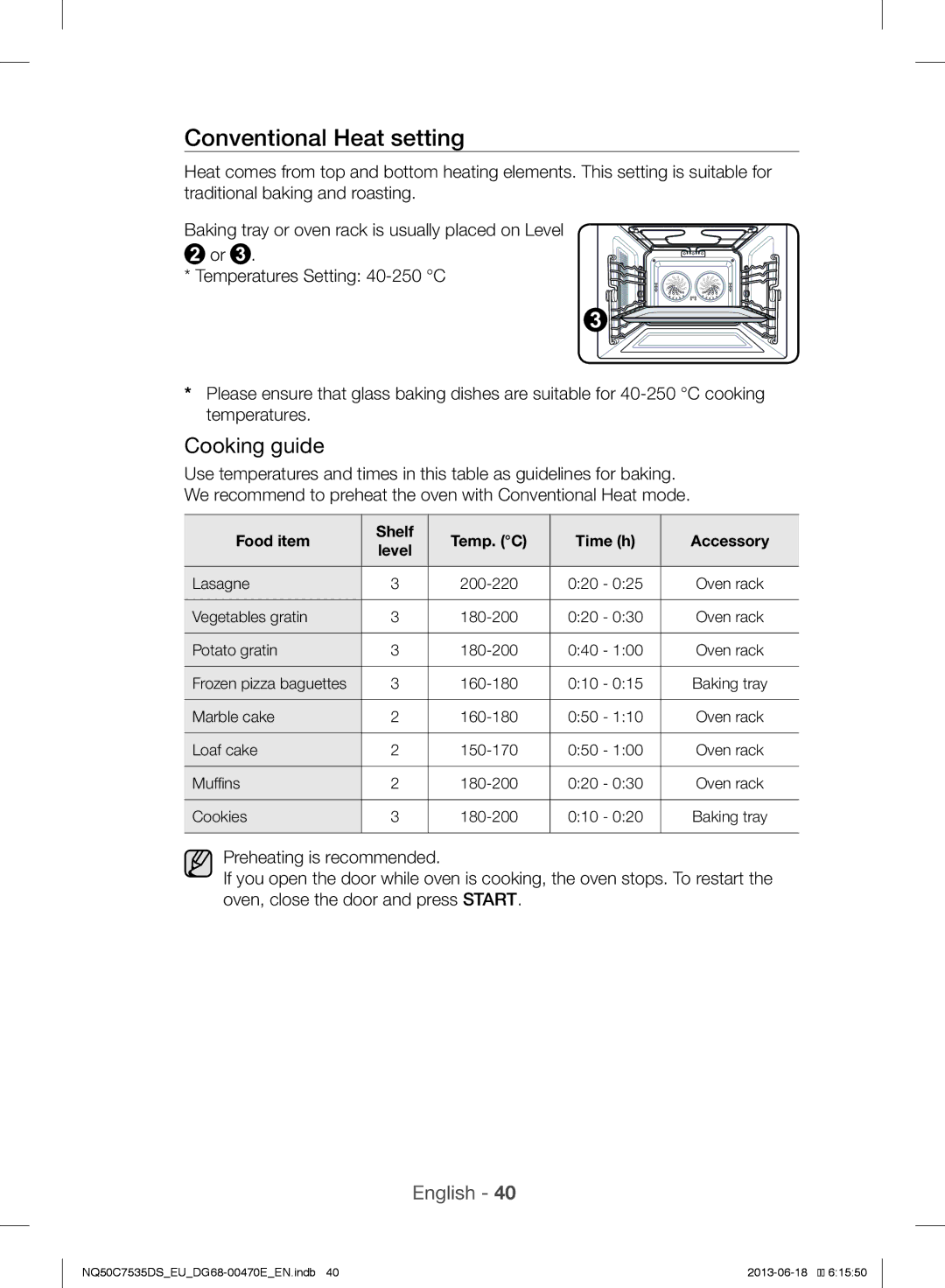 Samsung NQ50C7535DS/EU manual Conventional Heat setting 