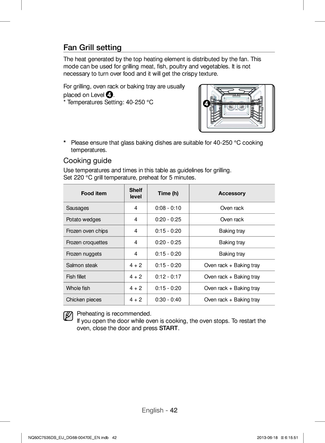 Samsung NQ50C7535DS/EU manual Fan Grill setting, Food item Shelf Time h Accessory Level 