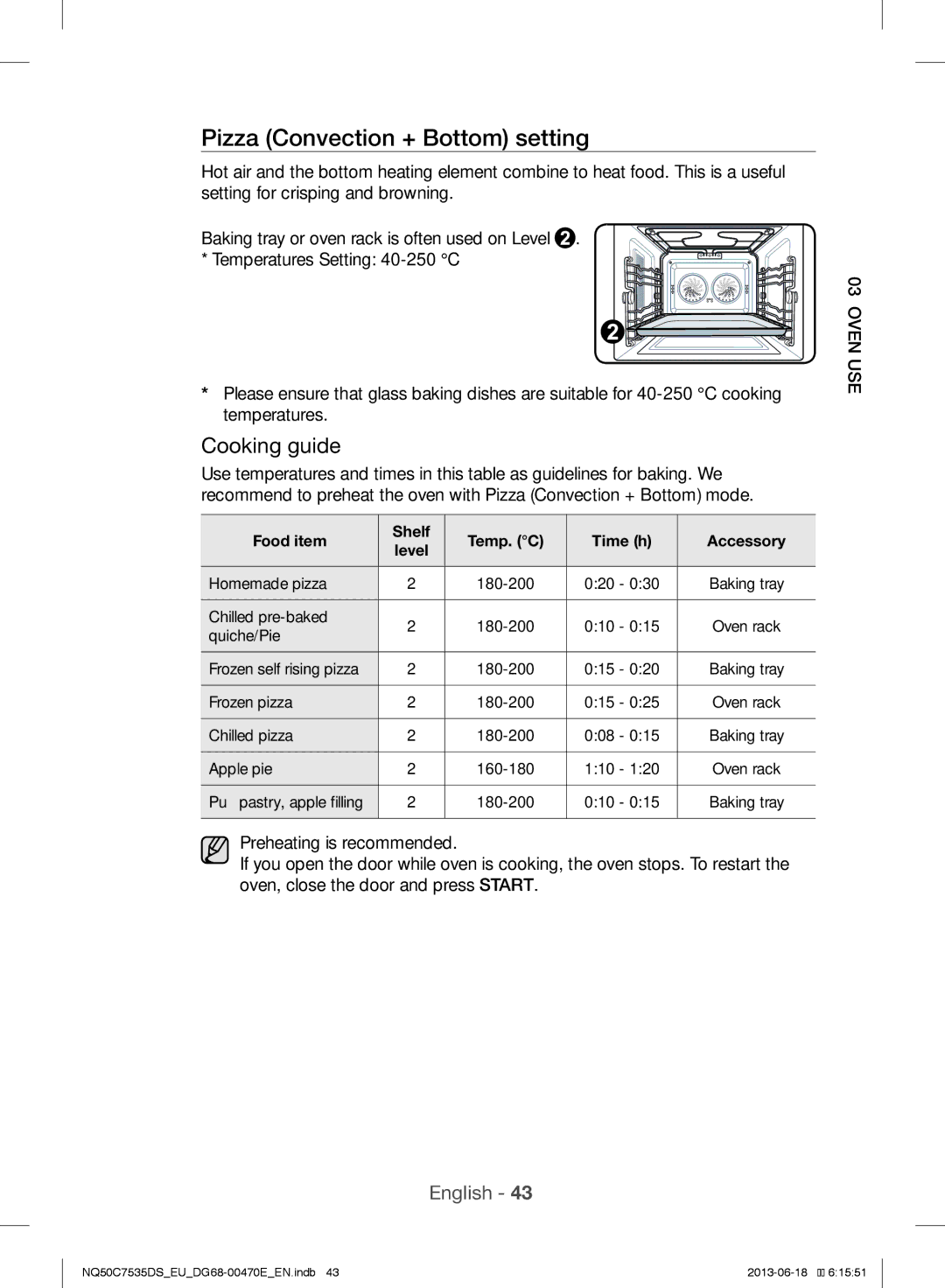 Samsung NQ50C7535DS/EU manual Pizza Convection + Bottom setting, Food item Shelf Temp. C Time h Accessory 