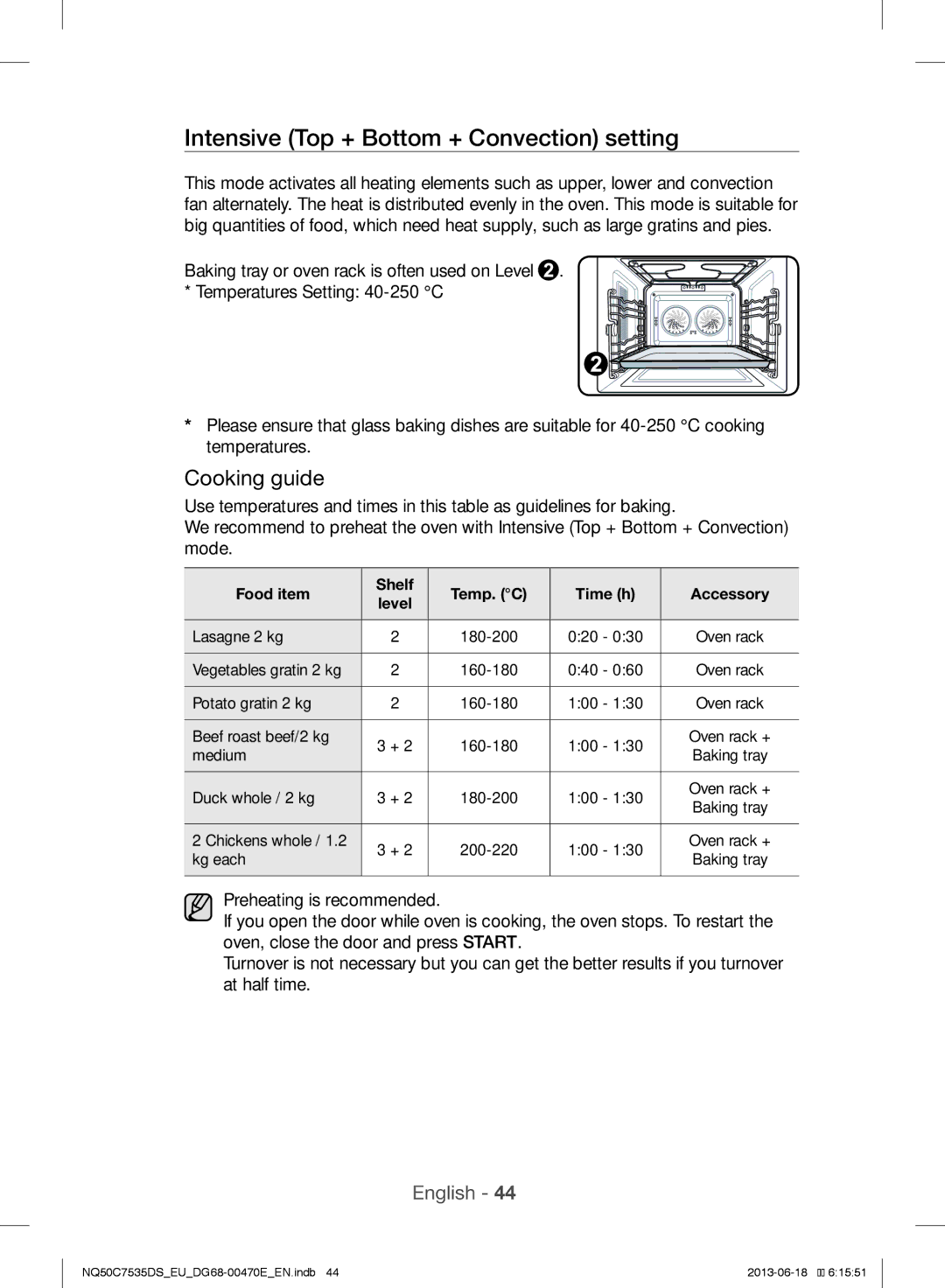 Samsung NQ50C7535DS/EU manual Intensive Top + Bottom + Convection setting, Food item Shelf Temp. C Time h Accessory Level 