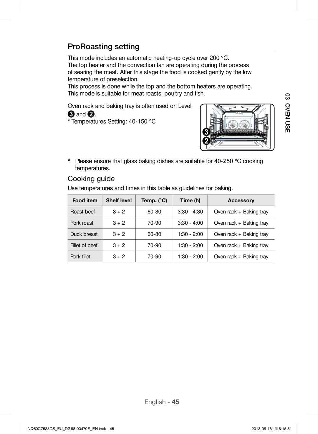 Samsung NQ50C7535DS/EU manual ProRoasting setting, Food item Shelf level Temp. C Time h Accessory 