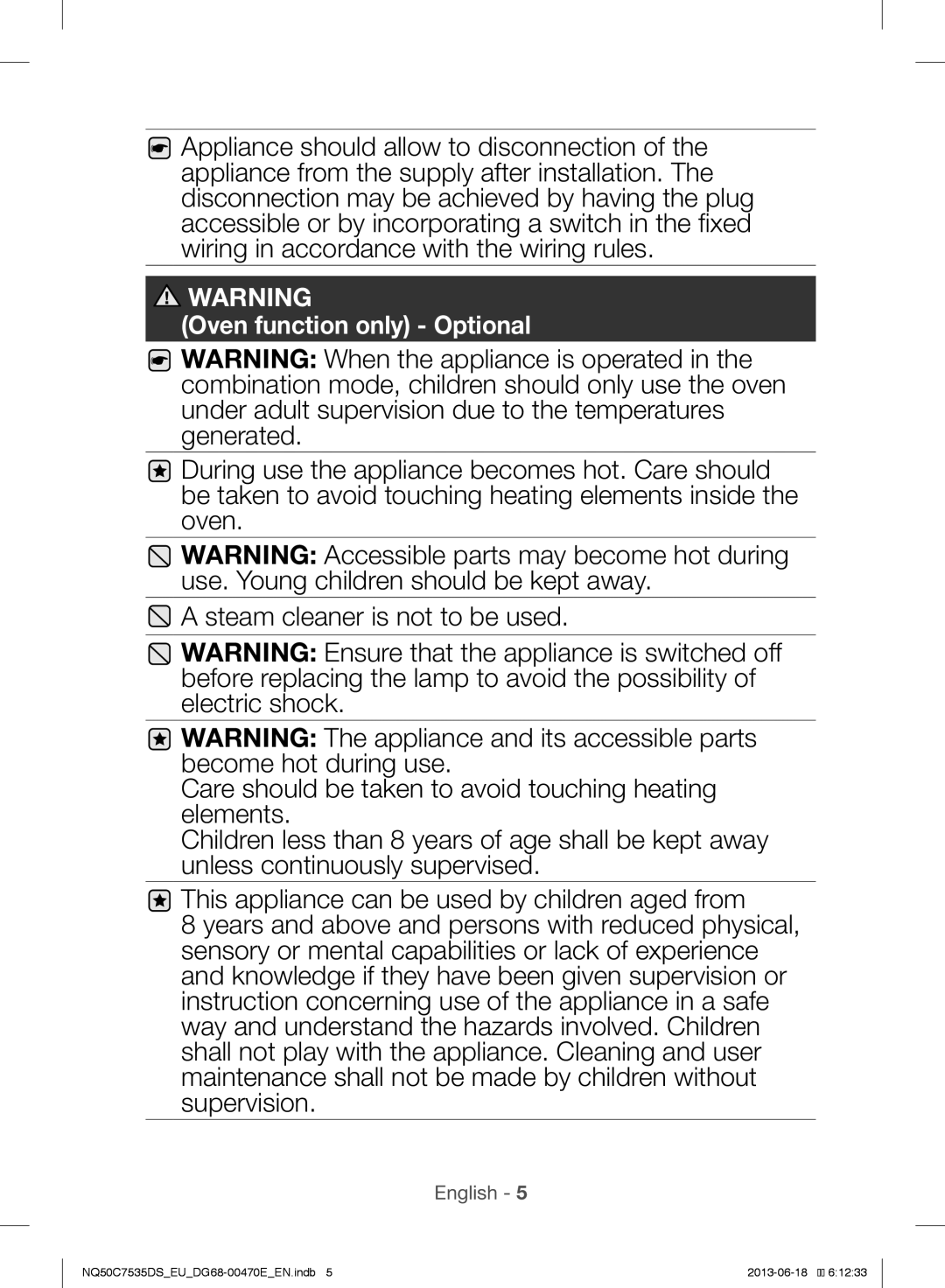 Samsung NQ50C7535DS/EU manual Oven function only Optional 