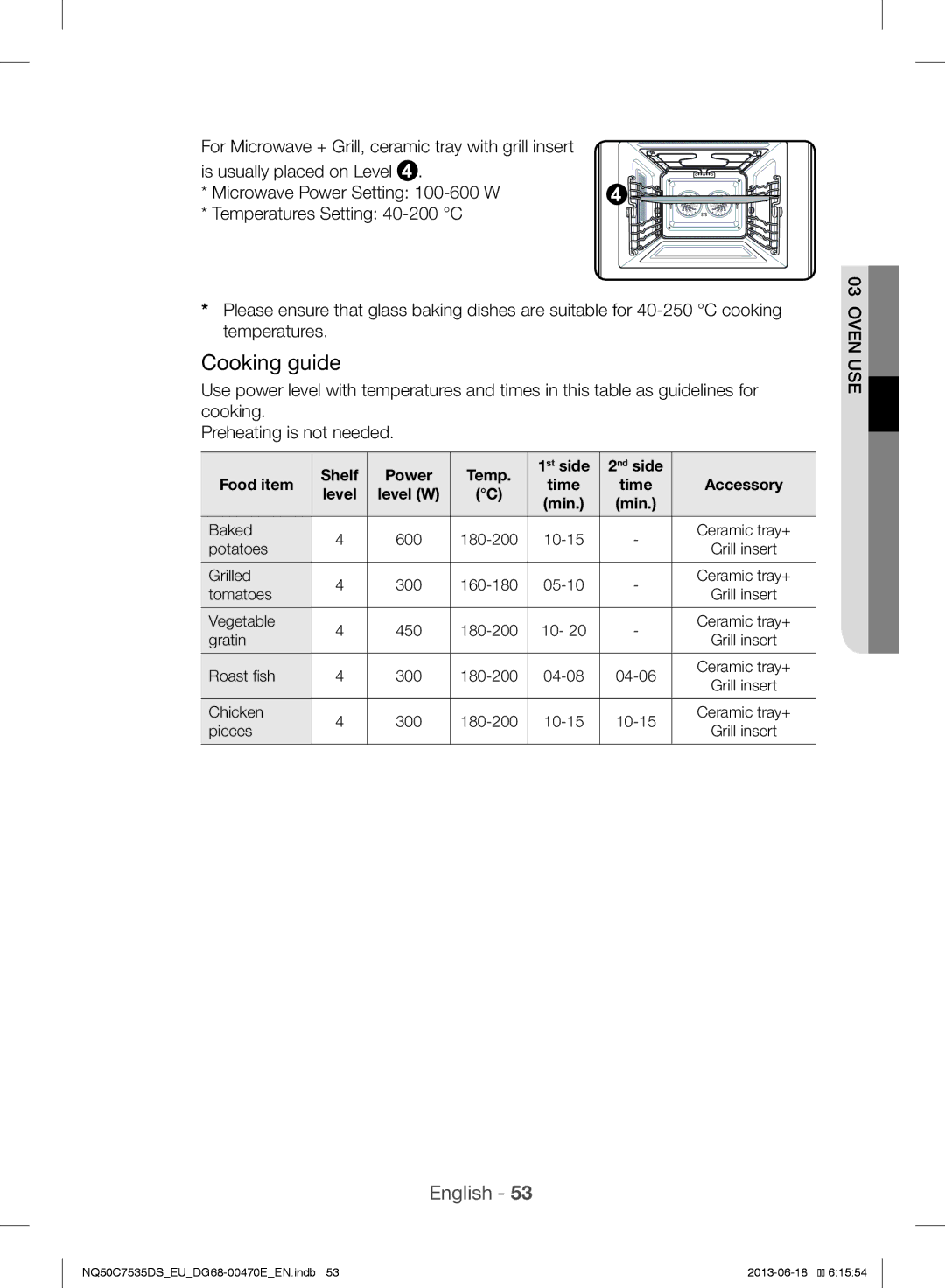 Samsung NQ50C7535DS/EU manual Cooking guide, Shelf Power Temp 1st side 2nd side Food item 