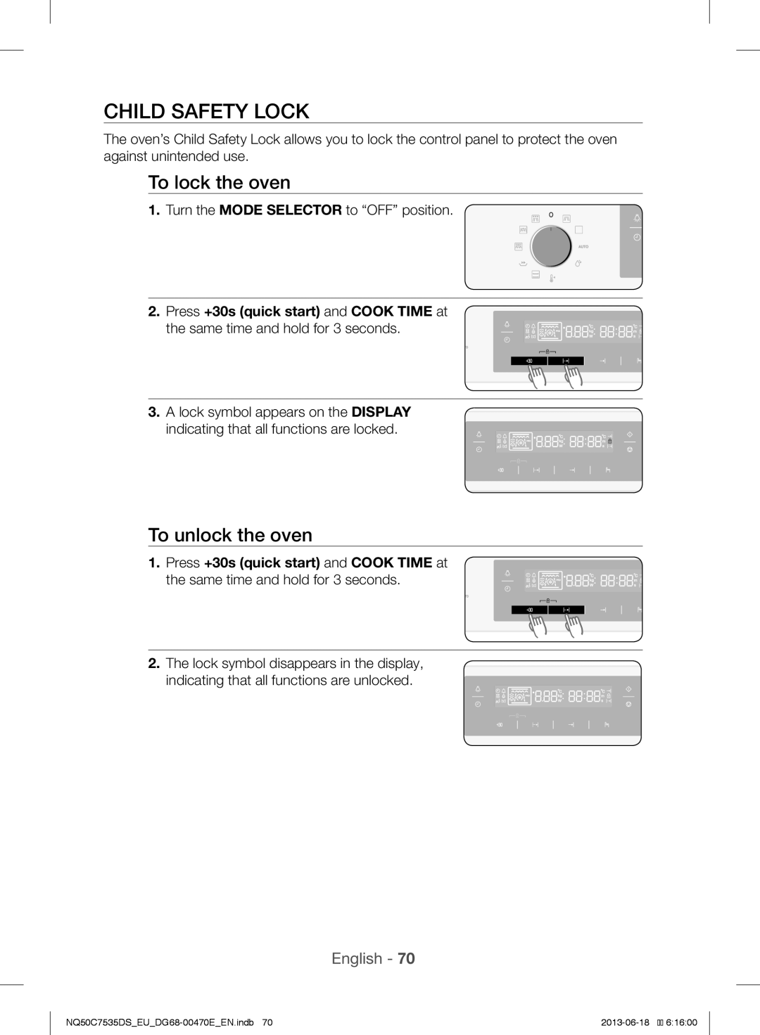 Samsung NQ50C7535DS/EU Child Safety Lock, To lock the oven, To unlock the oven, Press +30s quick start and Cook Time at 