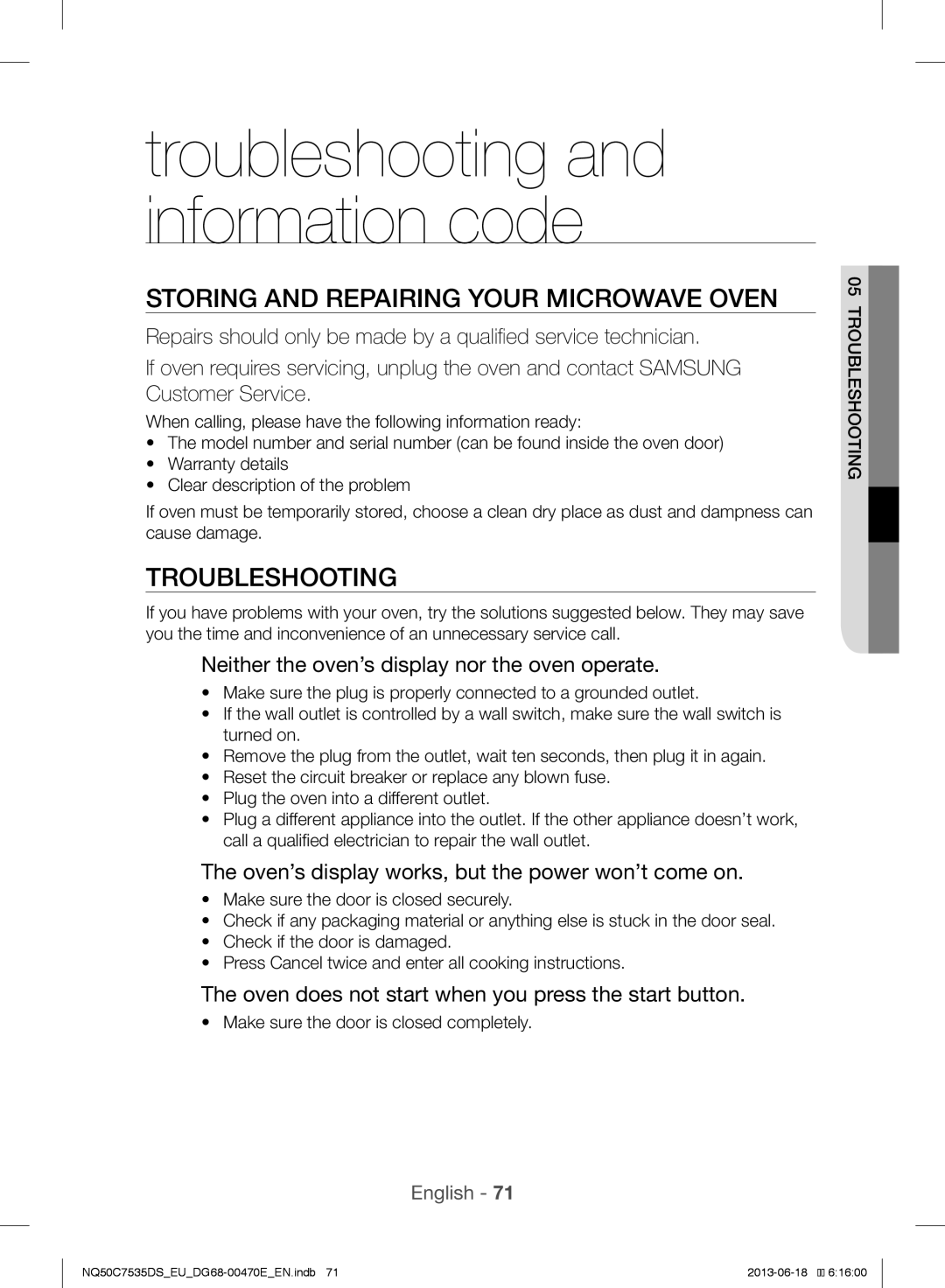 Samsung NQ50C7535DS/EU manual Storing and Repairing Your Microwave Oven, Troubleshooting 