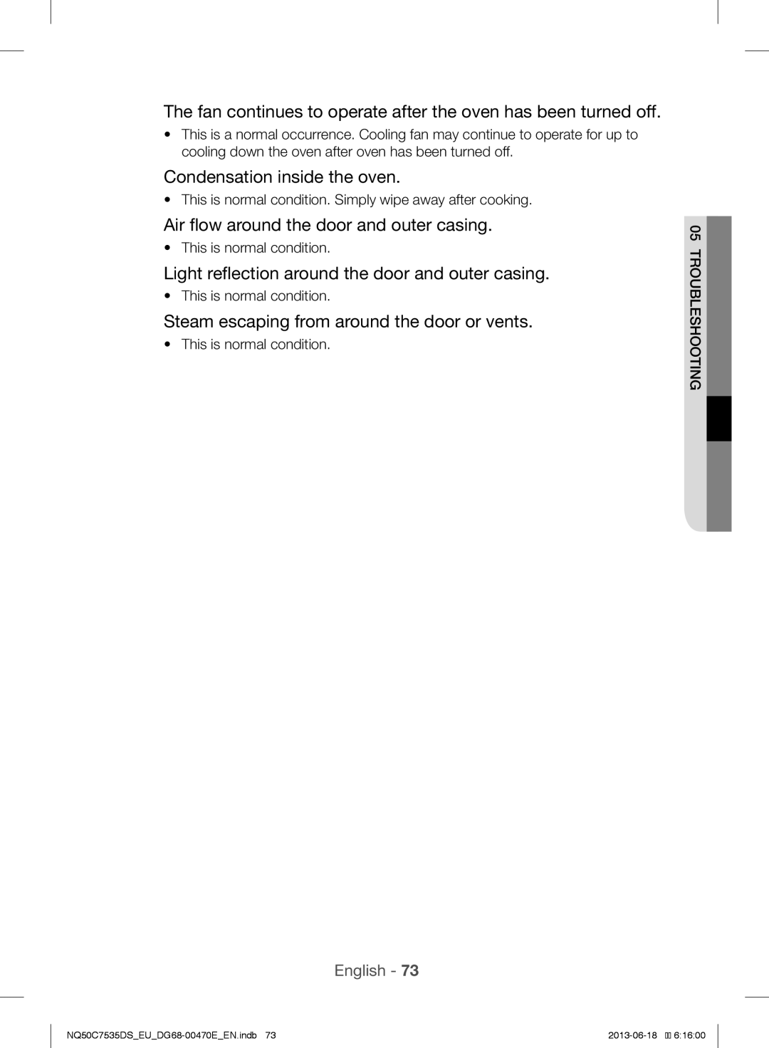 Samsung NQ50C7535DS/EU manual Fan continues to operate after the oven has been turned off, Condensation inside the oven 