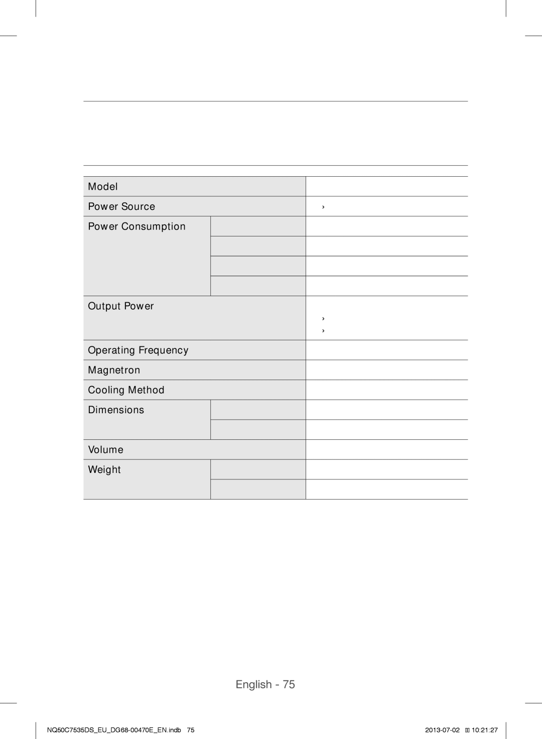 Samsung NQ50C7535DS/EU manual Technical Specifications 