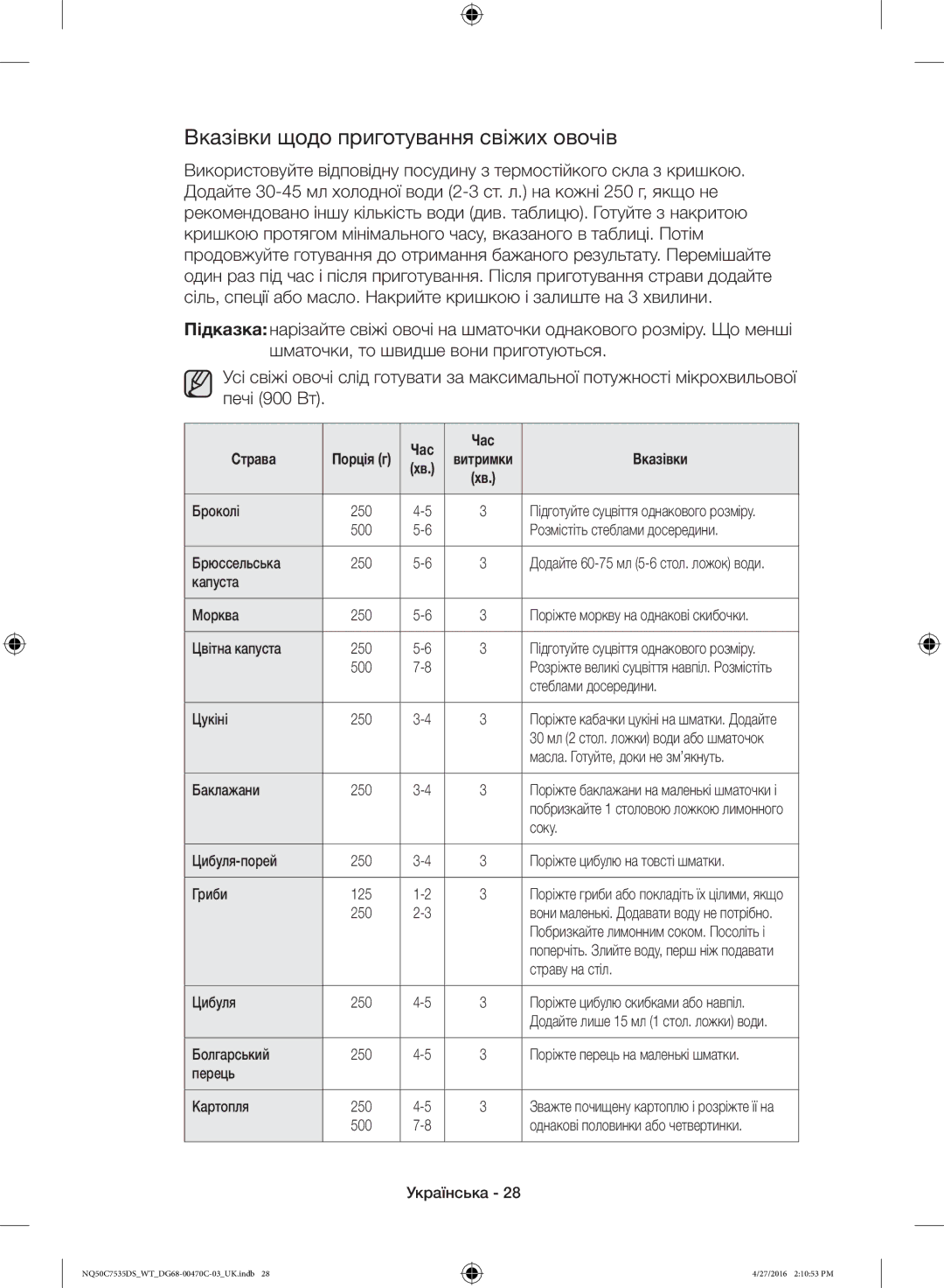 Samsung NQ50C7535DS/WT manual Вказівки щодо приготування свіжих овочів, Час Страва 