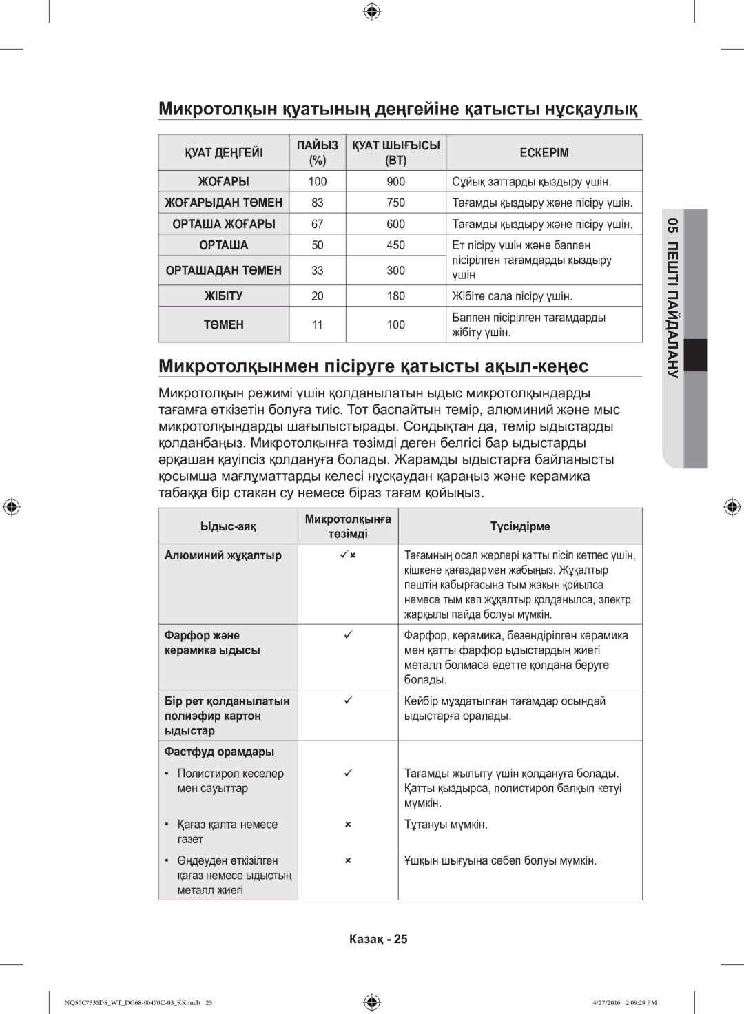 Samsung NQ50C7535DS/WT manual Микротолқынмен пісіруге қатысты ақыл-кеңес, Микротолқын қуатының деңгейіне қатысты нұсқаулық 