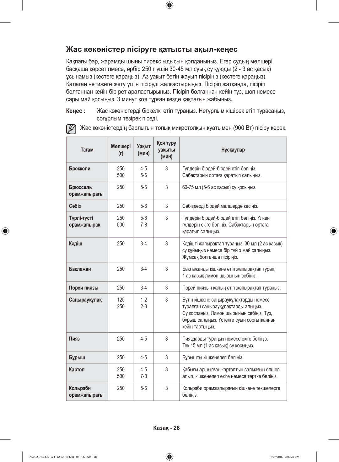 Samsung NQ50C7535DS/WT manual Жас көкөністер пісіруге қатысты ақыл-кеңес 