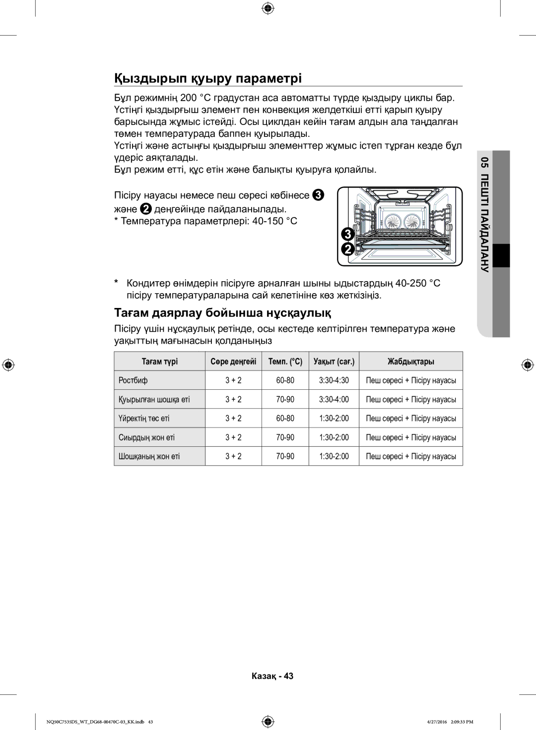 Samsung NQ50C7535DS/WT Қыздырып қуыру параметрі, Үйректің төс еті, Сиырдың жон еті, Шошқаның жон еті, Қуырылған шошқа еті 